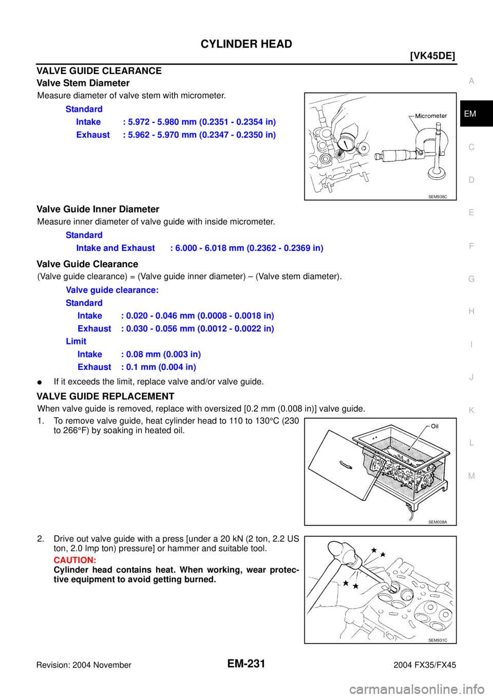 INFINITI FX35 2004  Service Manual CYLINDER HEAD
EM-231
[VK45DE]
C
D
E
F
G
H
I
J
K
L
MA
EM
Revision: 2004 November 2004 FX35/FX45
VALVE GUIDE CLEARANCE
Valve Stem Diameter
Measure diameter of valve stem with micrometer.
Valve Guide Inn