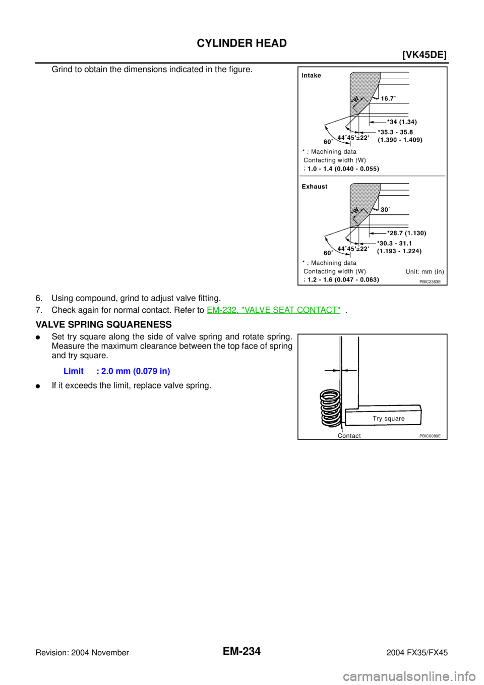 INFINITI FX35 2004  Service Manual EM-234
[VK45DE]
CYLINDER HEAD
Revision: 2004 November 2004 FX35/FX45
Grind to obtain the dimensions indicated in the figure.
6. Using compound, grind to adjust valve fitting. 
7. Check again for norma