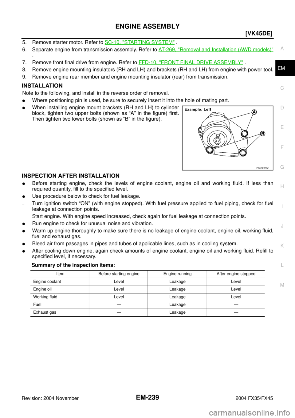 INFINITI FX35 2004  Service Manual ENGINE ASSEMBLY
EM-239
[VK45DE]
C
D
E
F
G
H
I
J
K
L
MA
EM
Revision: 2004 November 2004 FX35/FX45
5. Remove starter motor. Refer to SC-10, "STARTING SYSTEM" .
6. Separate engine from transmission assem