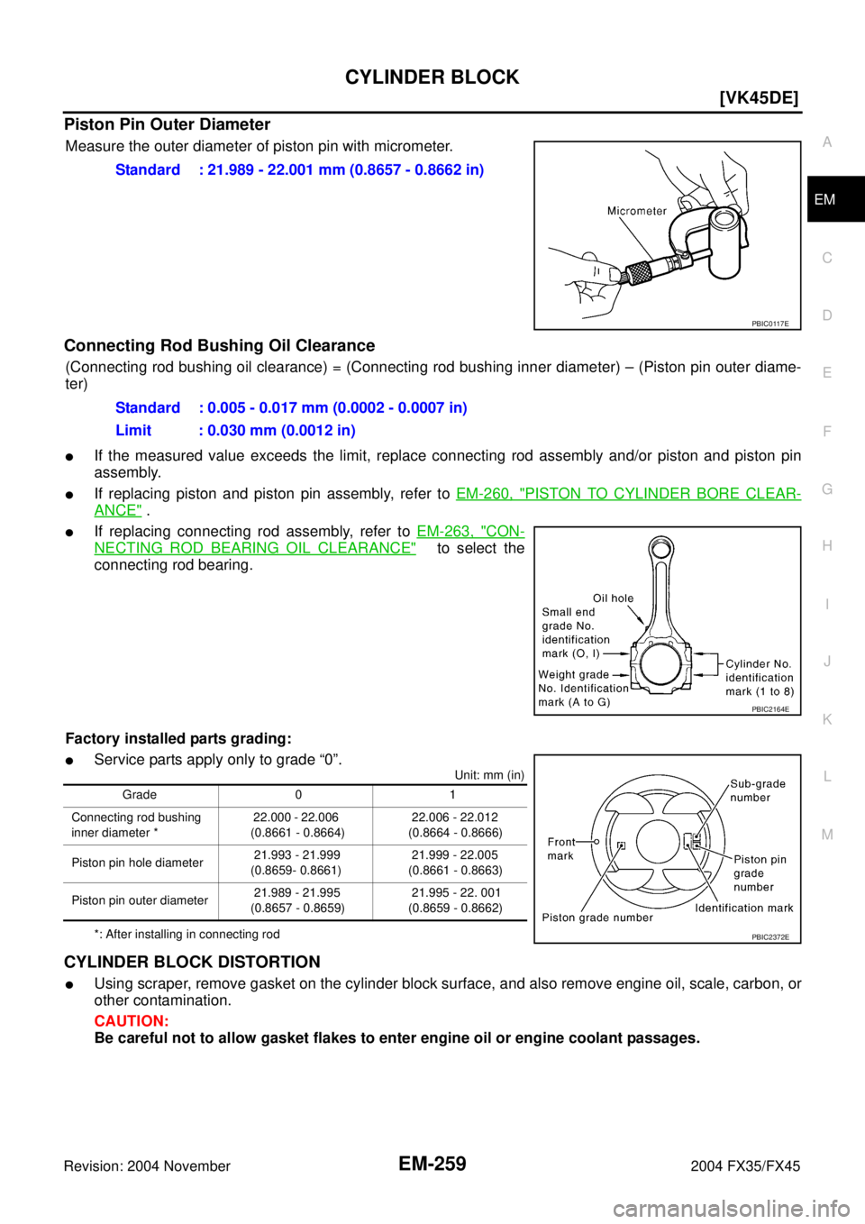 INFINITI FX35 2004  Service Manual CYLINDER BLOCK
EM-259
[VK45DE]
C
D
E
F
G
H
I
J
K
L
MA
EM
Revision: 2004 November 2004 FX35/FX45
Piston Pin Outer Diameter
Measure the outer diameter of piston pin with micrometer.
Connecting Rod Bushi
