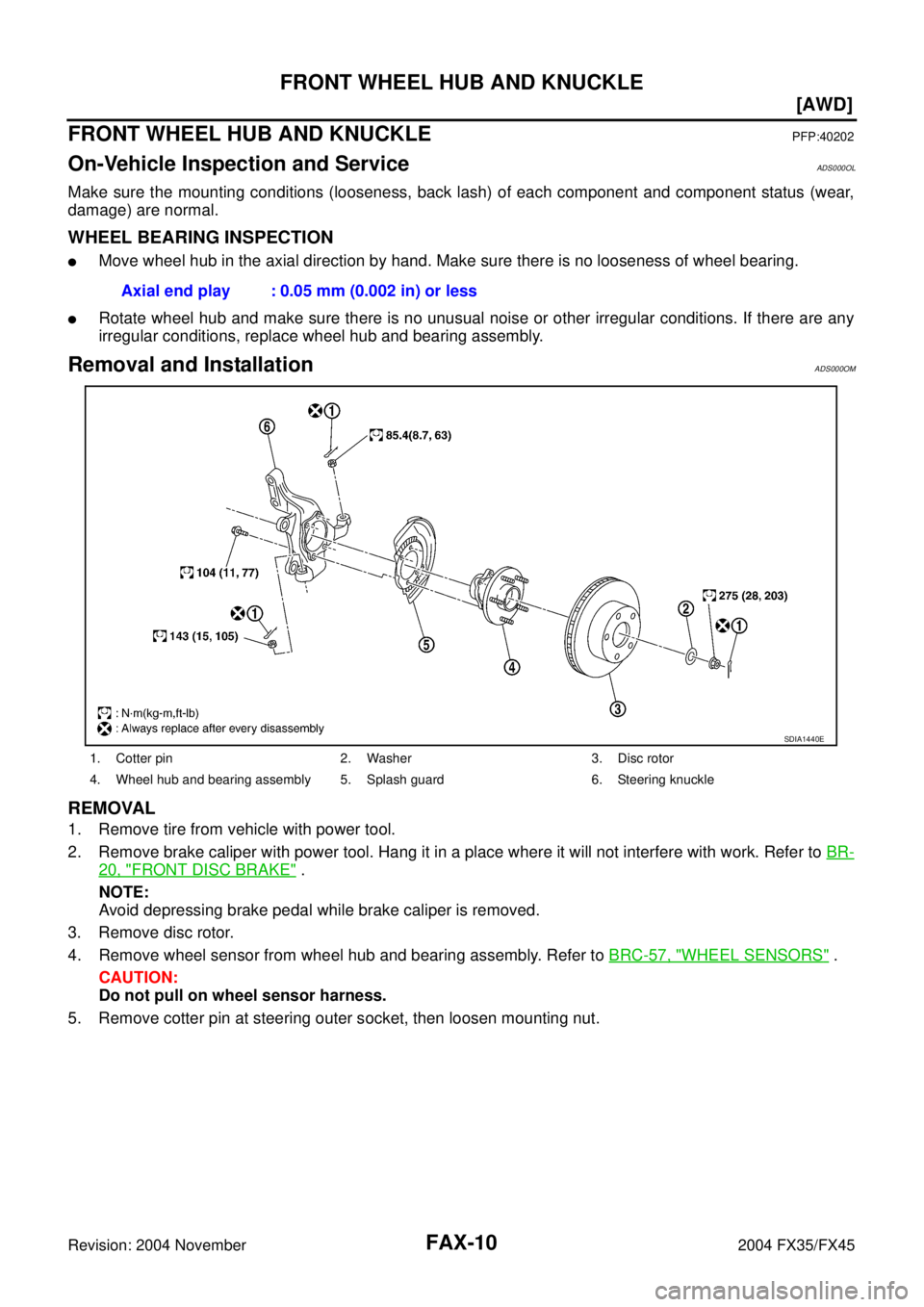 INFINITI FX35 2004  Service Manual FAX-10
[AWD]
FRONT WHEEL HUB AND KNUCKLE
Revision: 2004 November 2004 FX35/FX45
FRONT WHEEL HUB AND KNUCKLEPFP:40202
On-Vehicle Inspection and ServiceADS000OL
Make sure the mounting conditions (loosen