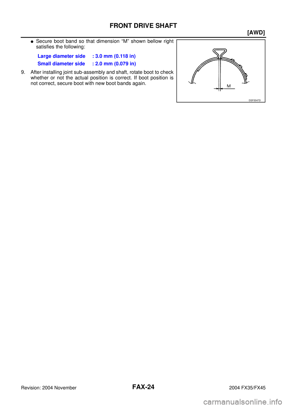 INFINITI FX35 2004  Service Manual FAX-24
[AWD]
FRONT DRIVE SHAFT
Revision: 2004 November 2004 FX35/FX45
Secure boot band so that dimension “M” shown bellow right
satisfies the following: 
9. After installing joint sub-assembly an