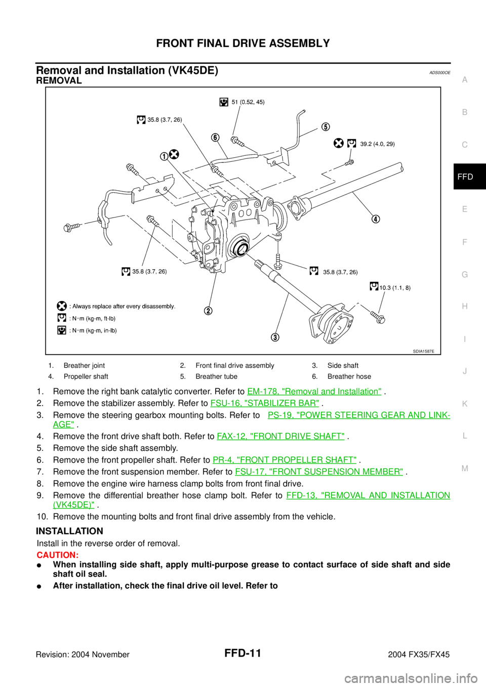 INFINITI FX35 2004 Service Manual FRONT FINAL DRIVE ASSEMBLY
FFD-11
C
E
F
G
H
I
J
K
L
MA
B
FFD
Revision: 2004 November 2004 FX35/FX45
Removal and Installation (VK45DE)ADS000OE
REMOVAL
1. Remove the right bank catalytic converter. Refe INFINITI FX35 2004 Service Manual FRONT FINAL DRIVE ASSEMBLY
FFD-11
C
E
F
G
H
I
J
K
L
MA
B
FFD
Revision: 2004 November 2004 FX35/FX45
Removal and Installation (VK45DE)ADS000OE
REMOVAL
1. Remove the right bank catalytic converter. Refe