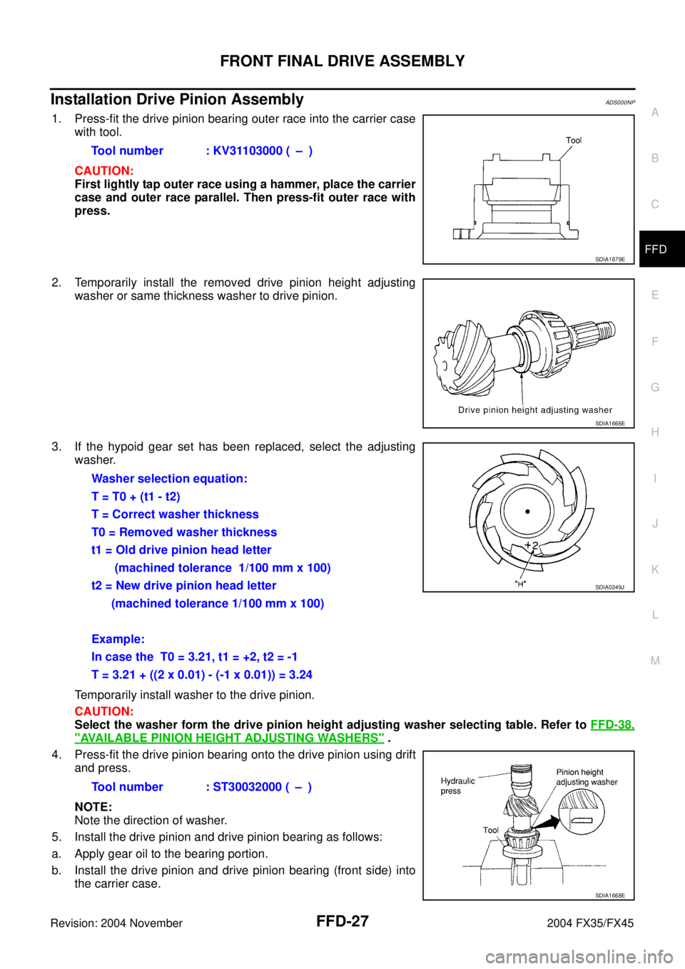 INFINITI FX35 2004 Service Manual FRONT FINAL DRIVE ASSEMBLY
FFD-27
C
E
F
G
H
I
J
K
L
MA
B
FFD
Revision: 2004 November 2004 FX35/FX45
Installation Drive Pinion AssemblyADS000NP
1. Press-fit the drive pinion bearing outer race into the INFINITI FX35 2004 Service Manual FRONT FINAL DRIVE ASSEMBLY
FFD-27
C
E
F
G
H
I
J
K
L
MA
B
FFD
Revision: 2004 November 2004 FX35/FX45
Installation Drive Pinion AssemblyADS000NP
1. Press-fit the drive pinion bearing outer race into the