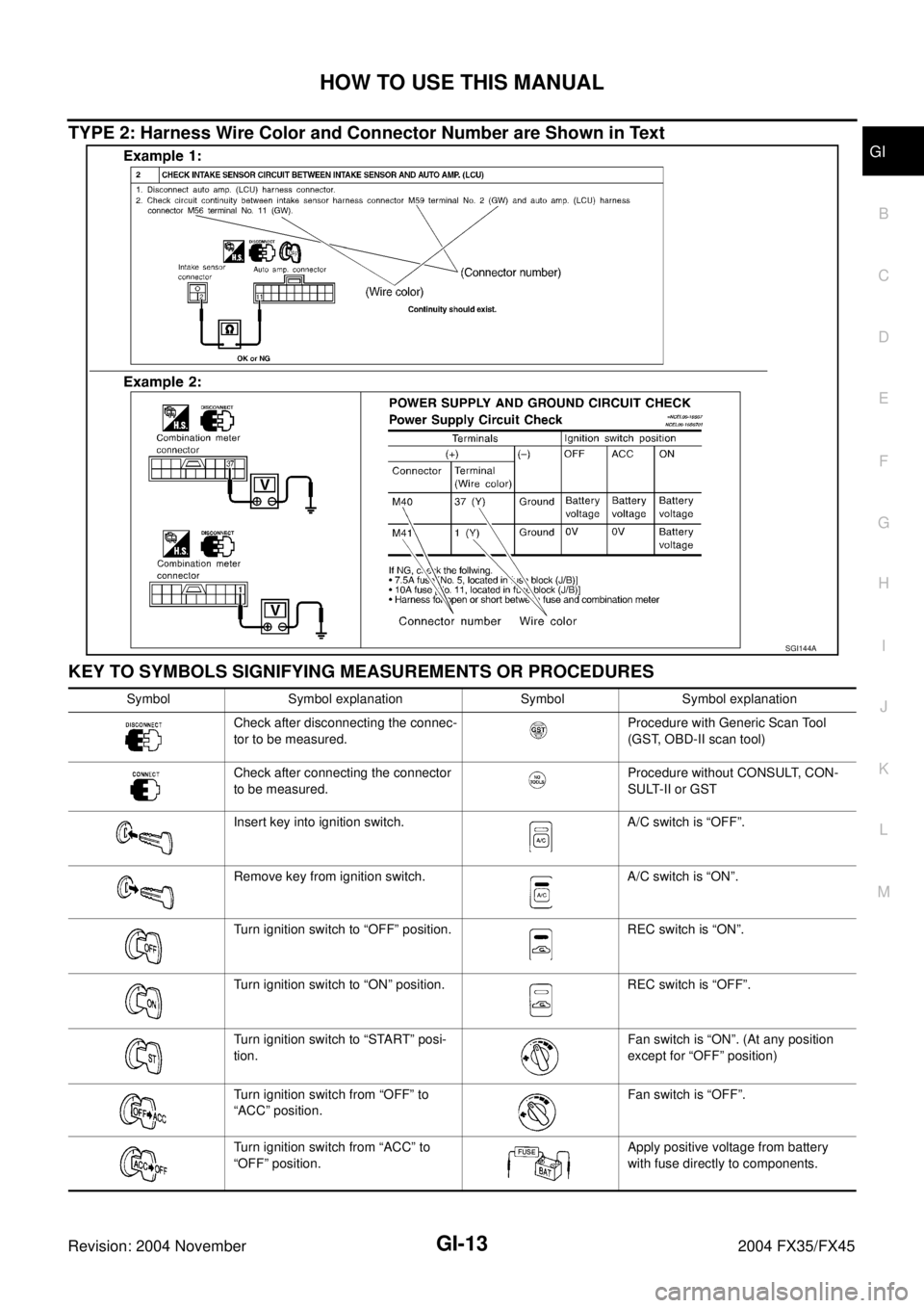 INFINITI FX35 2004 Service Manual HOW TO USE THIS MANUAL
GI-13
C
D
E
F
G
H
I
J
K
L
MB
GI
Revision: 2004 November 2004 FX35/FX45
TYPE 2: Harness Wire Color and Connector Number are Shown in Text
KEY TO SYMBOLS SIGNIFYING MEASUREMENTS O INFINITI FX35 2004 Service Manual HOW TO USE THIS MANUAL
GI-13
C
D
E
F
G
H
I
J
K
L
MB
GI
Revision: 2004 November 2004 FX35/FX45
TYPE 2: Harness Wire Color and Connector Number are Shown in Text
KEY TO SYMBOLS SIGNIFYING MEASUREMENTS O