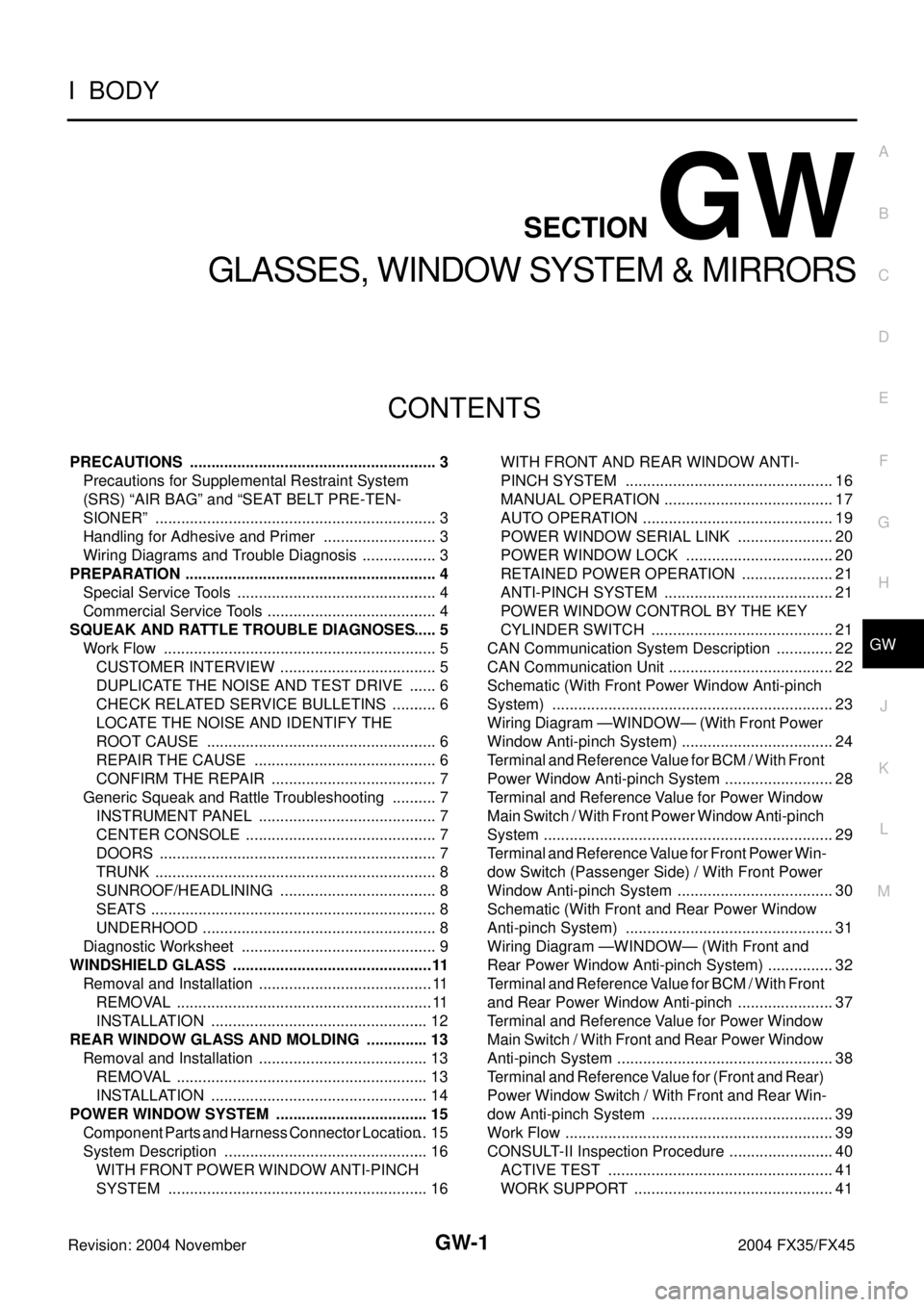 INFINITI FX35 2004  Service Manual GW-1
GLASSES, WINDOW SYSTEM & MIRRORS
I  BODY
CONTENTS
C
D
E
F
G
H
J
K
L
M
SECTION GW
A
B
GW
Revision: 2004 November 2004 FX35/FX45
GLASSES, WINDOW SYSTEM & MIRRORS
PRECAUTIONS .......................