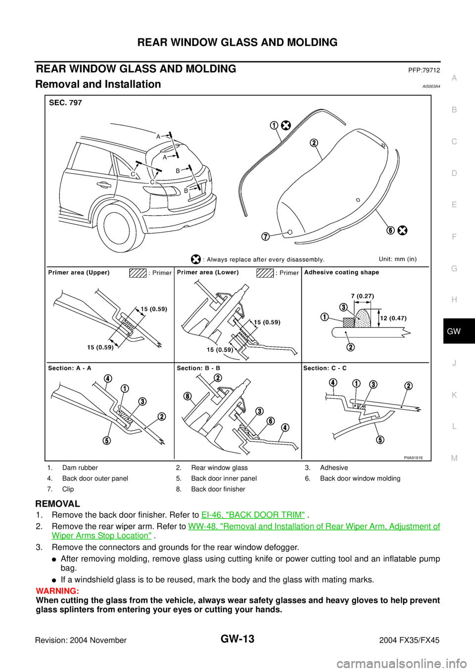 INFINITI FX35 2004  Service Manual REAR WINDOW GLASS AND MOLDING
GW-13
C
D
E
F
G
H
J
K
L
MA
B
GW
Revision: 2004 November 2004 FX35/FX45
REAR WINDOW GLASS AND MOLDINGPFP:79712
Removal and InstallationAIS003A4
REMOVAL
1. Remove the back 