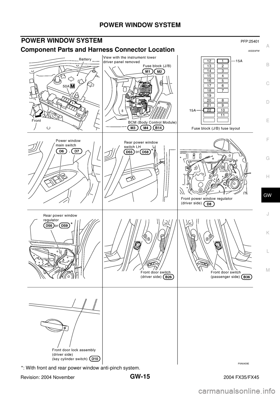 INFINITI FX35 2004  Service Manual POWER WINDOW SYSTEM
GW-15
C
D
E
F
G
H
J
K
L
MA
B
GW
Revision: 2004 November 2004 FX35/FX45
POWER WINDOW SYSTEMPFP:25401
Component Parts and Harness Connector LocationAIS004PW
*: With front and rear po