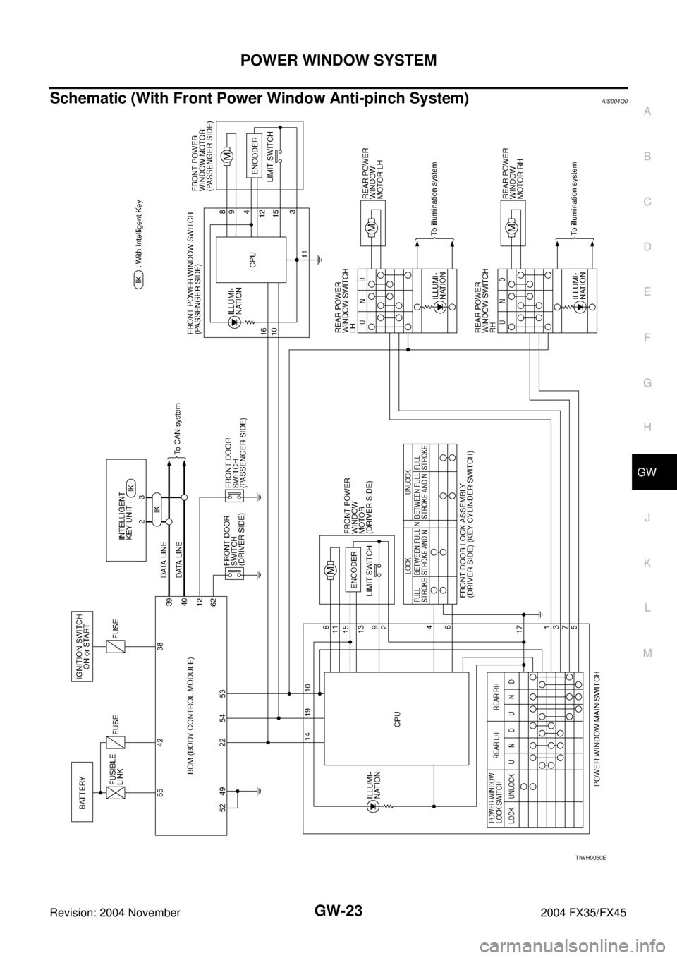 INFINITI FX35 2004  Service Manual POWER WINDOW SYSTEM
GW-23
C
D
E
F
G
H
J
K
L
MA
B
GW
Revision: 2004 November 2004 FX35/FX45
Schematic (With Front Power Window Anti-pinch System)AIS004Q0
TIWH0050E 