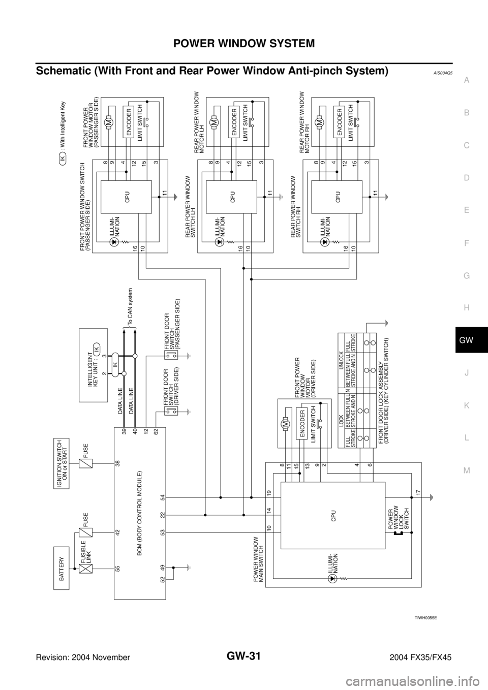 INFINITI FX35 2004  Service Manual POWER WINDOW SYSTEM
GW-31
C
D
E
F
G
H
J
K
L
MA
B
GW
Revision: 2004 November 2004 FX35/FX45
Schematic (With Front and Rear Power Window Anti-pinch System)AIS004Q5
TIWH0055E 