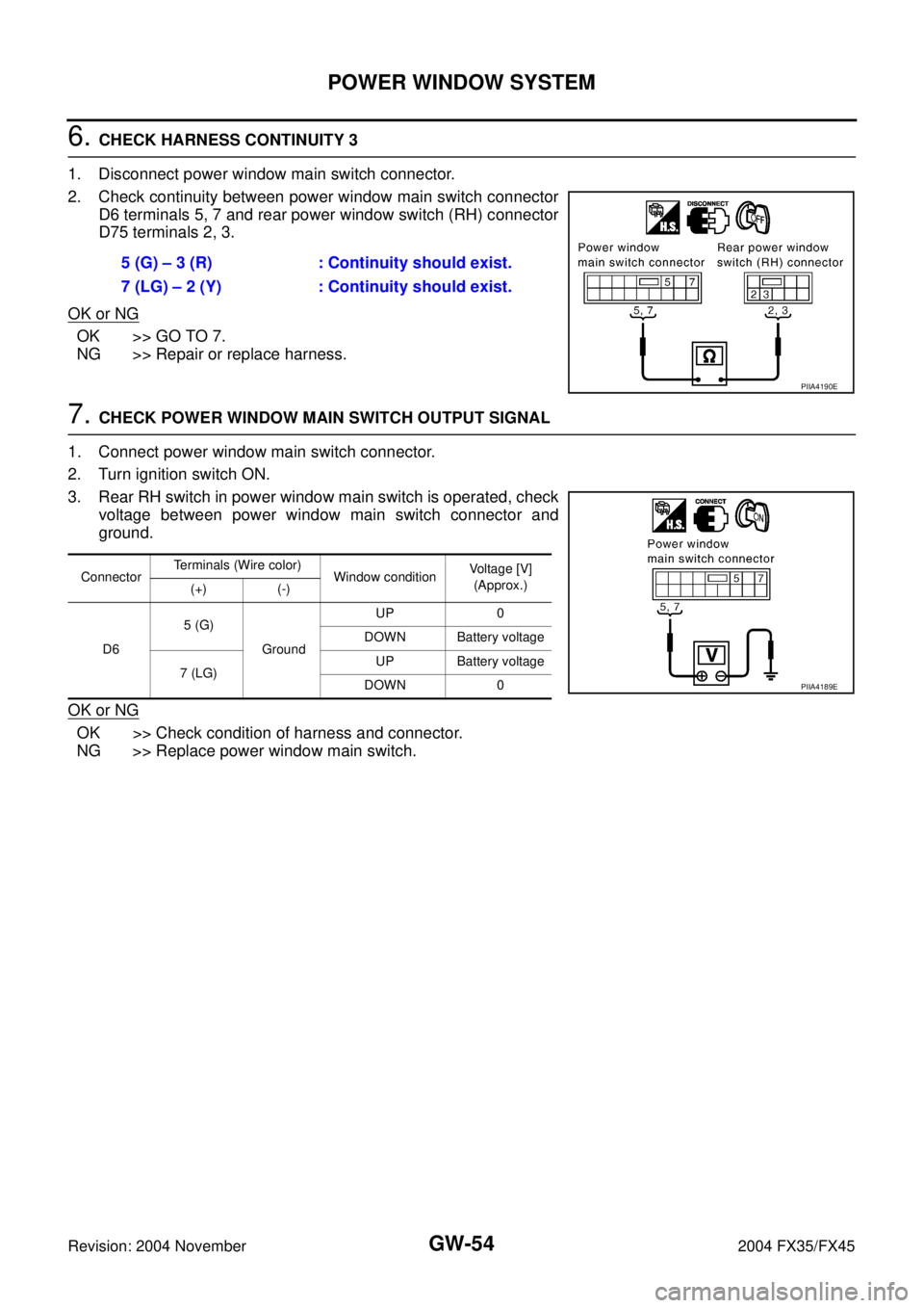 INFINITI FX35 2004  Service Manual GW-54
POWER WINDOW SYSTEM
Revision: 2004 November 2004 FX35/FX45
6. CHECK HARNESS CONTINUITY 3
1. Disconnect power window main switch connector.
2. Check continuity between power window main switch co