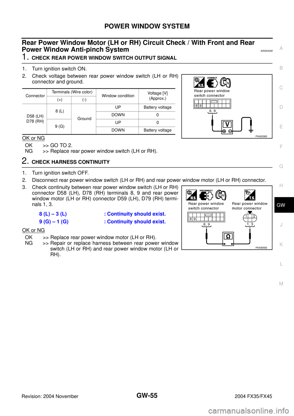 INFINITI FX35 2004  Service Manual POWER WINDOW SYSTEM
GW-55
C
D
E
F
G
H
J
K
L
MA
B
GW
Revision: 2004 November 2004 FX35/FX45
Rear Power Window Motor (LH or RH) Circuit Check / With Front and Rear 
Power Window Anti-pinch System 
AIS00