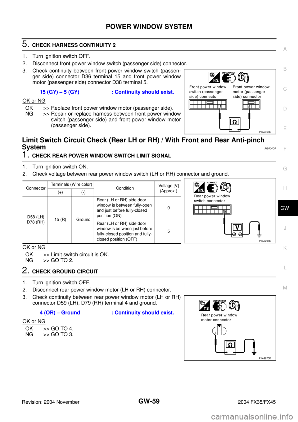 INFINITI FX35 2004  Service Manual POWER WINDOW SYSTEM
GW-59
C
D
E
F
G
H
J
K
L
MA
B
GW
Revision: 2004 November 2004 FX35/FX45
5. CHECK HARNESS CONTINUITY 2
1. Turn ignition switch OFF.
2. Disconnect front power window switch (passenger