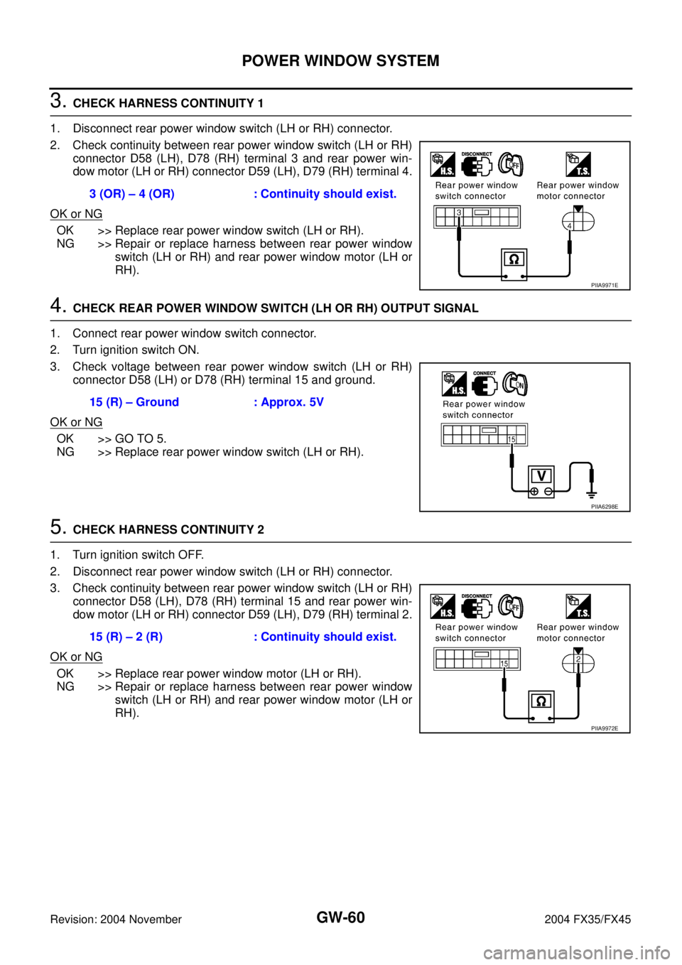 INFINITI FX35 2004  Service Manual GW-60
POWER WINDOW SYSTEM
Revision: 2004 November 2004 FX35/FX45
3. CHECK HARNESS CONTINUITY 1
1. Disconnect rear power window switch (LH or RH) connector.
2. Check continuity between rear power windo