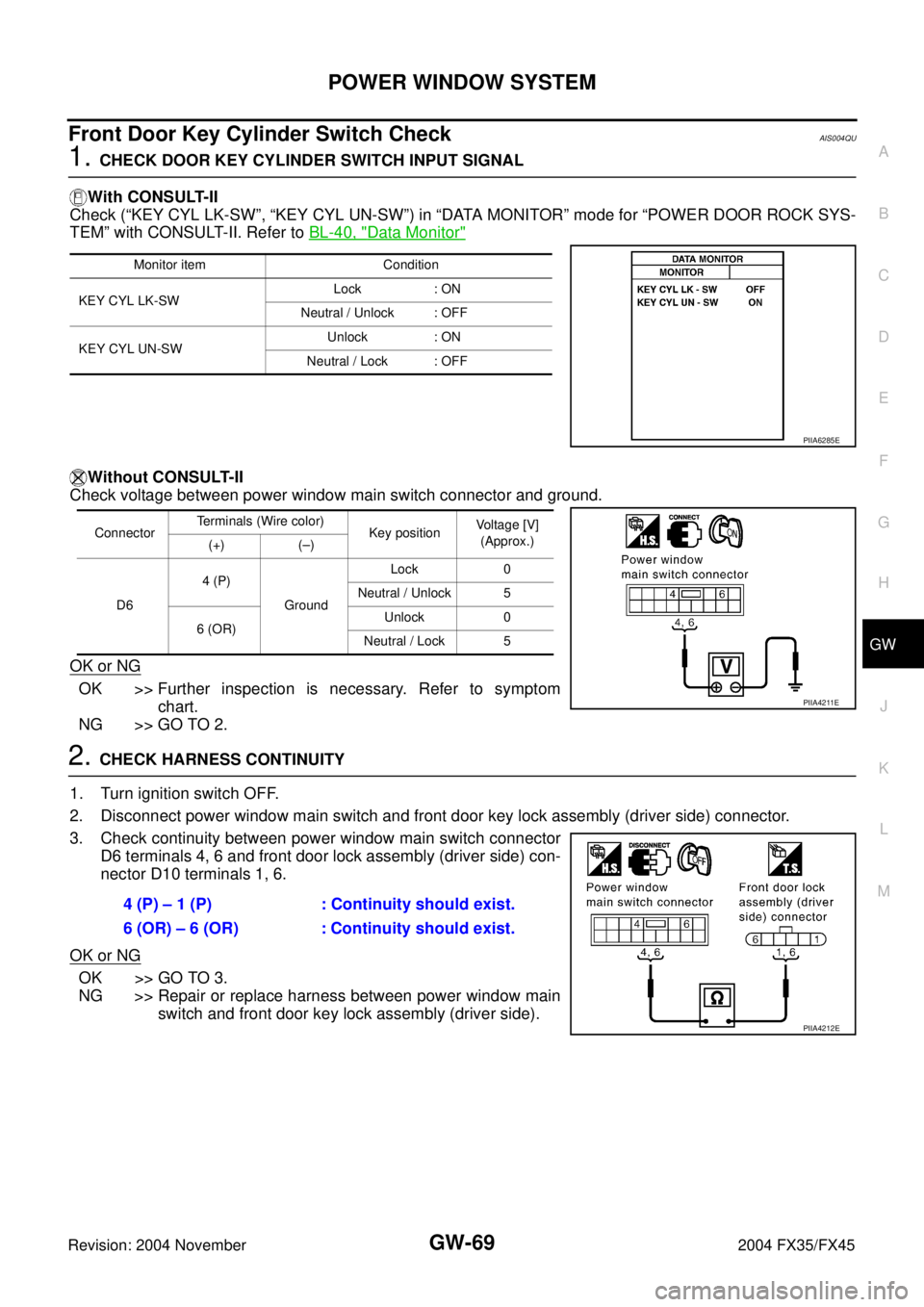 INFINITI FX35 2004 Service Manual POWER WINDOW SYSTEM
GW-69
C
D
E
F
G
H
J
K
L
MA
B
GW
Revision: 2004 November 2004 FX35/FX45
Front Door Key Cylinder Switch Check AIS004QU
1. CHECK DOOR KEY CYLINDER SWITCH INPUT SIGNAL
With CONSULT-II
INFINITI FX35 2004 Service Manual POWER WINDOW SYSTEM
GW-69
C
D
E
F
G
H
J
K
L
MA
B
GW
Revision: 2004 November 2004 FX35/FX45
Front Door Key Cylinder Switch Check AIS004QU
1. CHECK DOOR KEY CYLINDER SWITCH INPUT SIGNAL
With CONSULT-II