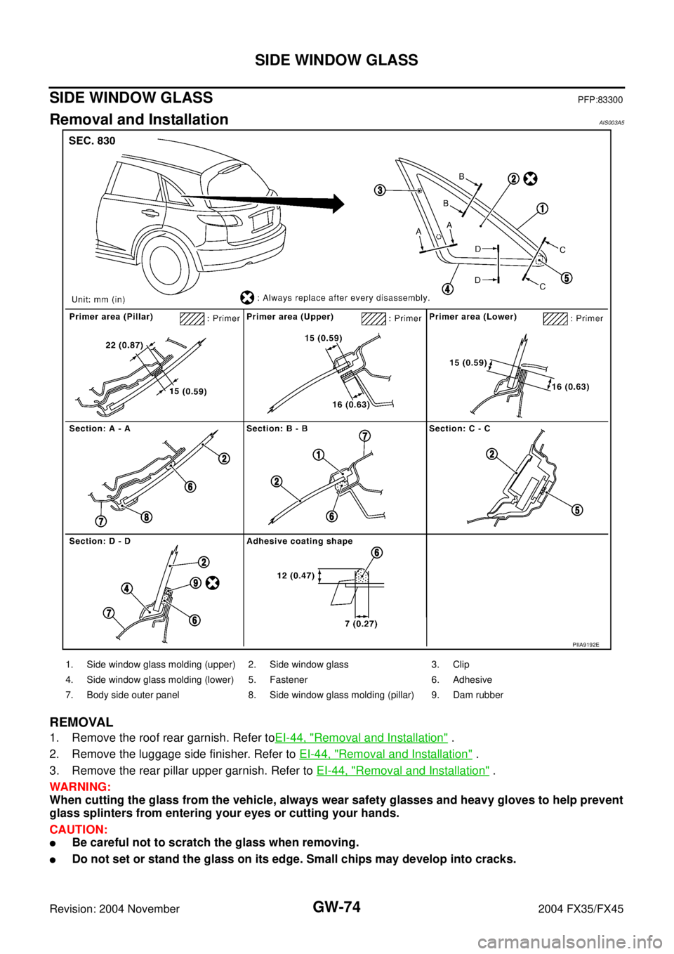 INFINITI FX35 2004  Service Manual GW-74
SIDE WINDOW GLASS
Revision: 2004 November 2004 FX35/FX45
SIDE WINDOW GLASSPFP:83300
Removal and InstallationAIS003A5
REMOVAL
1. Remove the roof rear garnish. Refer toEI-44, "Removal and Installa