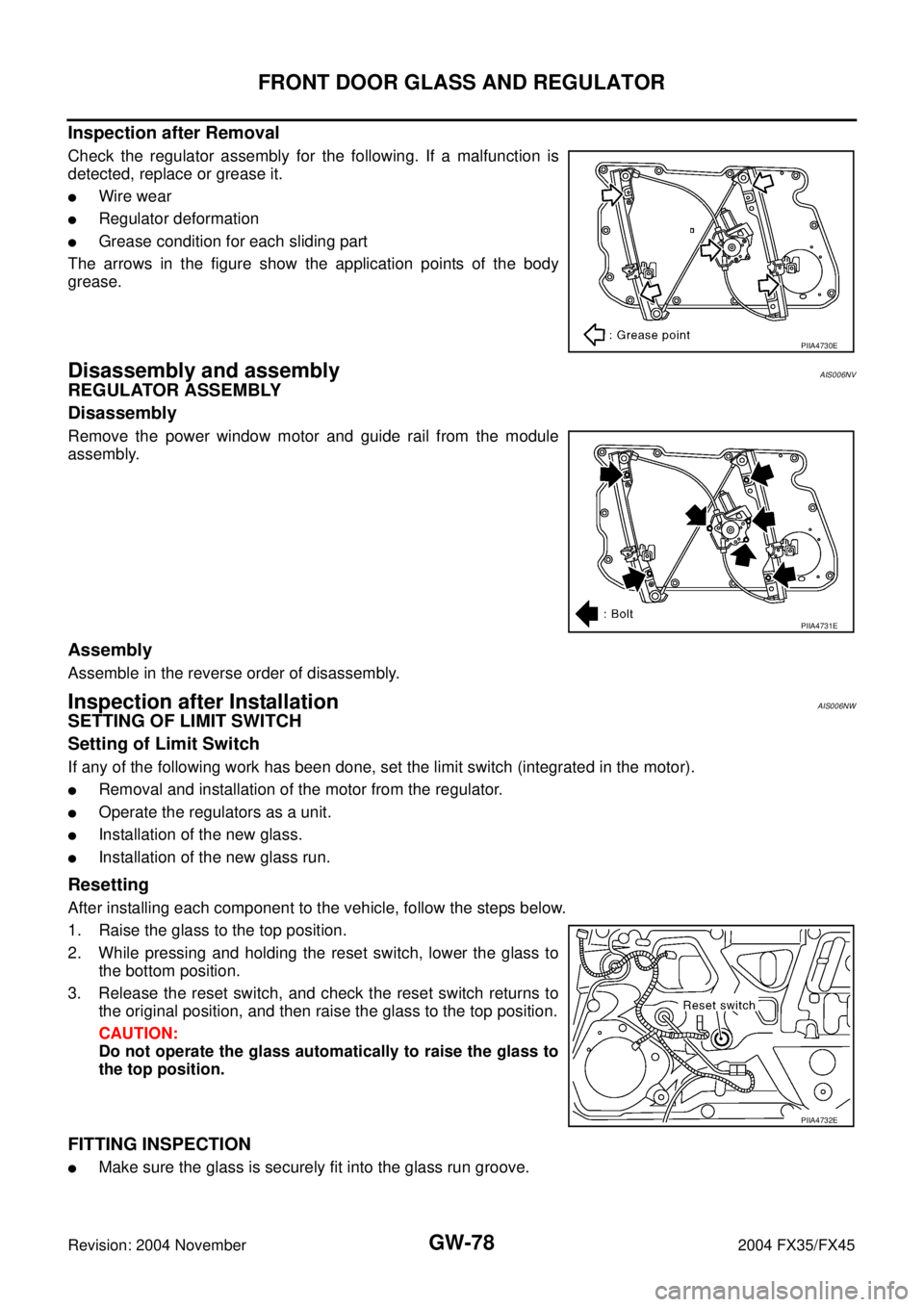 INFINITI FX35 2004  Service Manual GW-78
FRONT DOOR GLASS AND REGULATOR
Revision: 2004 November 2004 FX35/FX45
Inspection after Removal
Check the regulator assembly for the following. If a malfunction is
detected, replace or grease it.