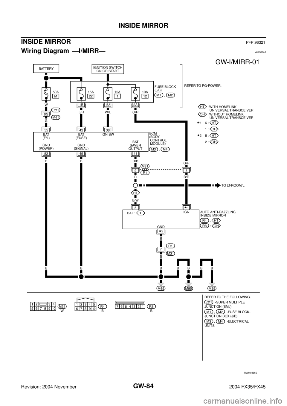 INFINITI FX35 2004  Service Manual GW-84
INSIDE MIRROR
Revision: 2004 November 2004 FX35/FX45
INSIDE MIRRORPFP:96321
Wiring Diagram —I/MIRR—AIS003A8
TIWM0356E 