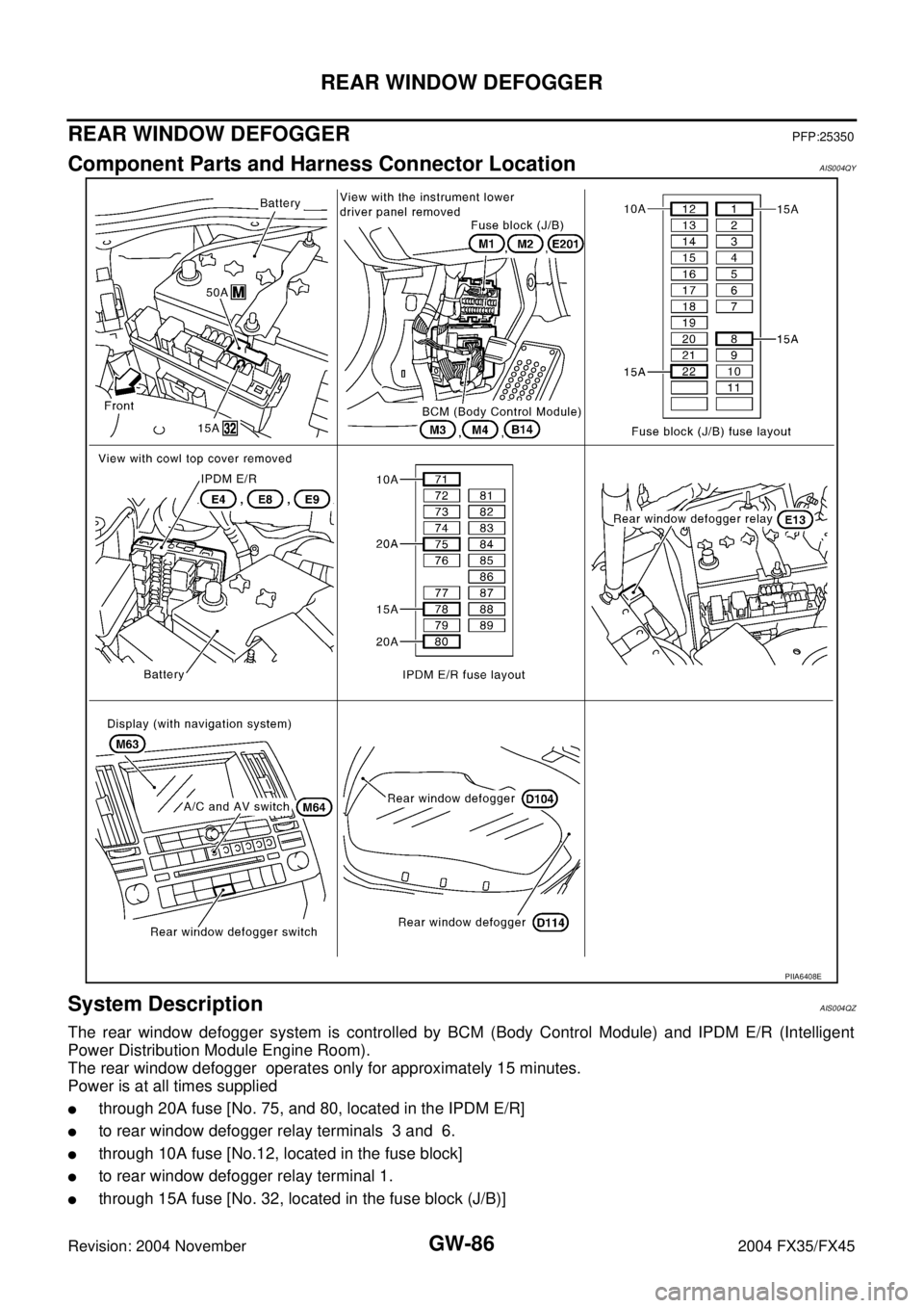 INFINITI FX35 2004  Service Manual GW-86
REAR WINDOW DEFOGGER
Revision: 2004 November 2004 FX35/FX45
REAR WINDOW DEFOGGERPFP:25350
Component Parts and Harness Connector LocationAIS004QY
System DescriptionAIS004QZ
The rear window defogg