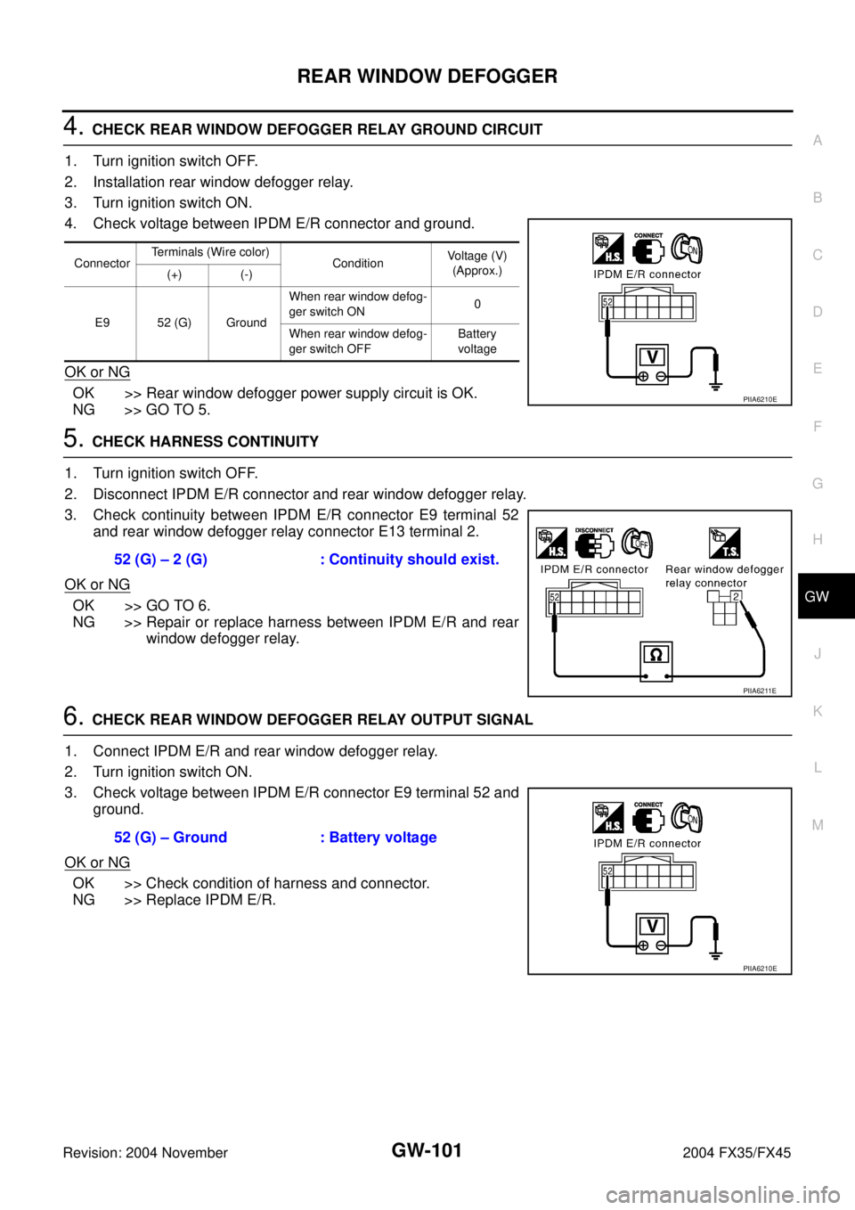 INFINITI FX35 2004  Service Manual REAR WINDOW DEFOGGER
GW-101
C
D
E
F
G
H
J
K
L
MA
B
GW
Revision: 2004 November 2004 FX35/FX45
4. CHECK REAR WINDOW DEFOGGER RELAY GROUND CIRCUIT
1. Turn ignition switch OFF.
2. Installation rear window