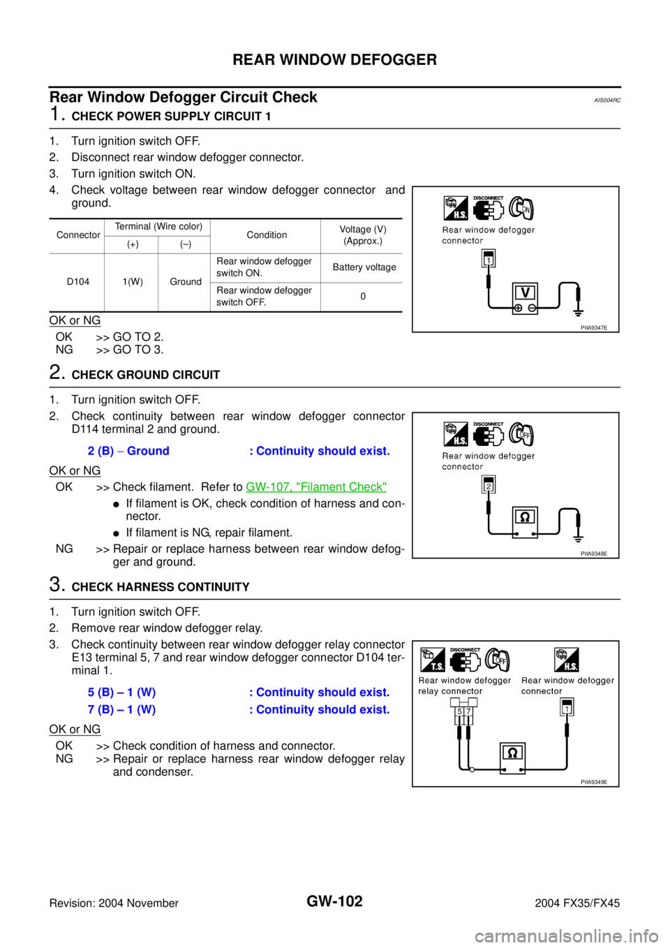 INFINITI FX35 2004  Service Manual GW-102
REAR WINDOW DEFOGGER
Revision: 2004 November 2004 FX35/FX45
Rear Window Defogger Circuit CheckAIS004RC
1. CHECK POWER SUPPLY CIRCUIT 1
1. Turn ignition switch OFF.
2. Disconnect rear window def