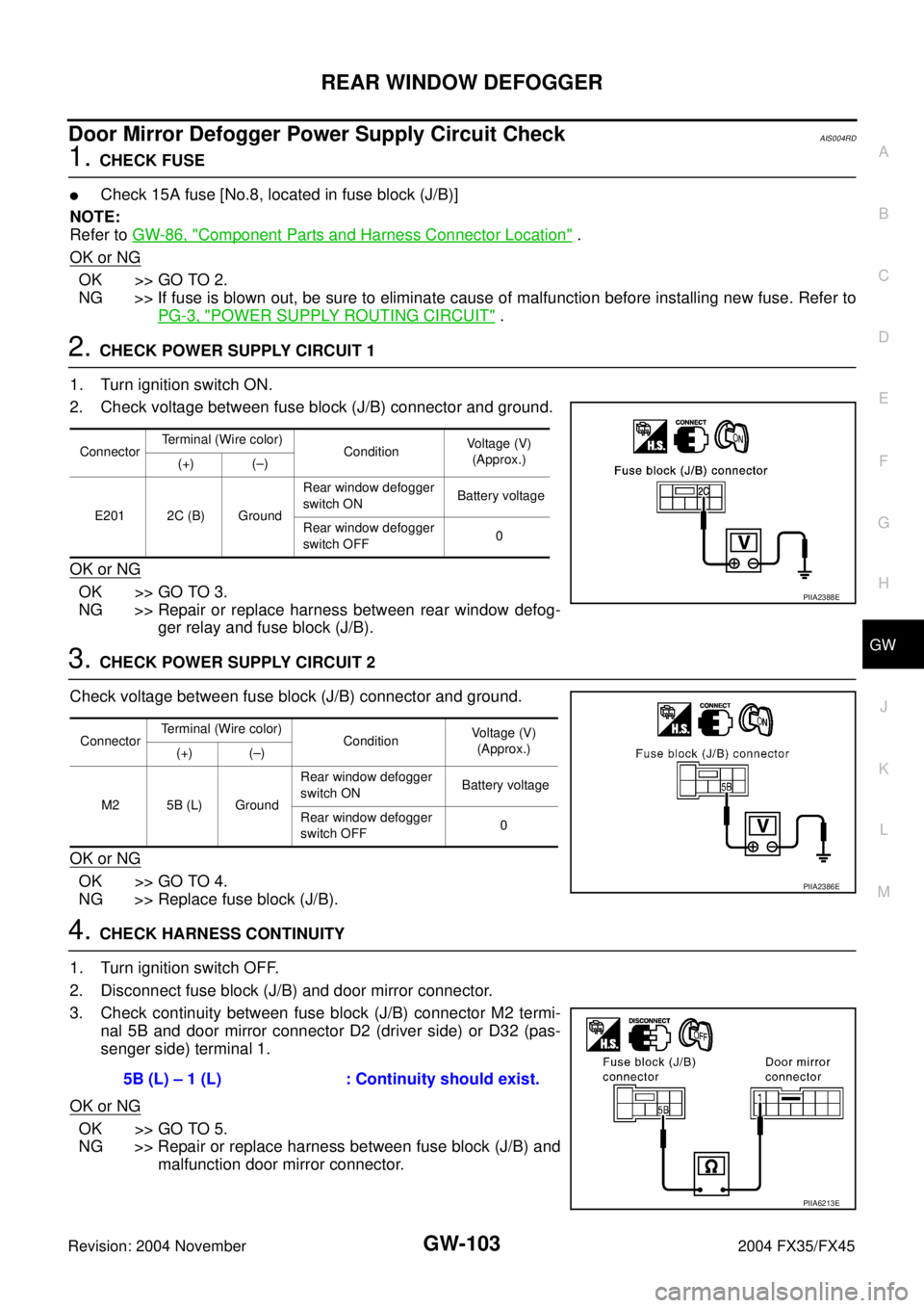 INFINITI FX35 2004  Service Manual REAR WINDOW DEFOGGER
GW-103
C
D
E
F
G
H
J
K
L
MA
B
GW
Revision: 2004 November 2004 FX35/FX45
Door Mirror Defogger Power Supply Circuit CheckAIS004RD
1. CHECK FUSE 
Check 15A fuse [No.8, located in fu