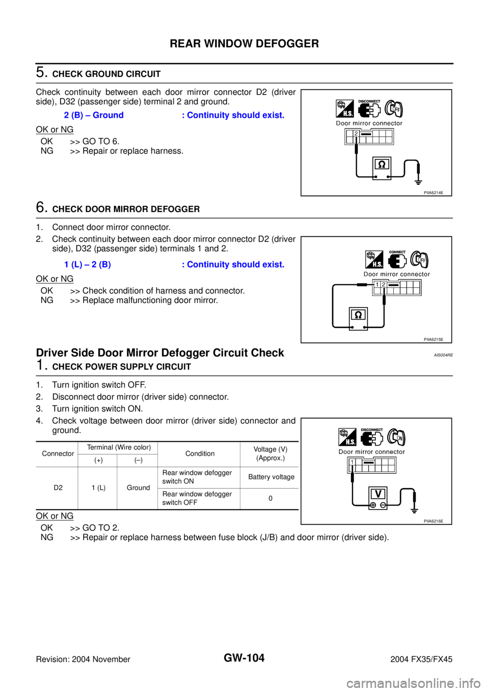 INFINITI FX35 2004 Service Manual GW-104
REAR WINDOW DEFOGGER
Revision: 2004 November 2004 FX35/FX45
5. CHECK GROUND CIRCUIT
Check continuity between each door mirror connector D2 (driver
side), D32 (passenger side) terminal 2 and gro INFINITI FX35 2004 Service Manual GW-104
REAR WINDOW DEFOGGER
Revision: 2004 November 2004 FX35/FX45
5. CHECK GROUND CIRCUIT
Check continuity between each door mirror connector D2 (driver
side), D32 (passenger side) terminal 2 and gro