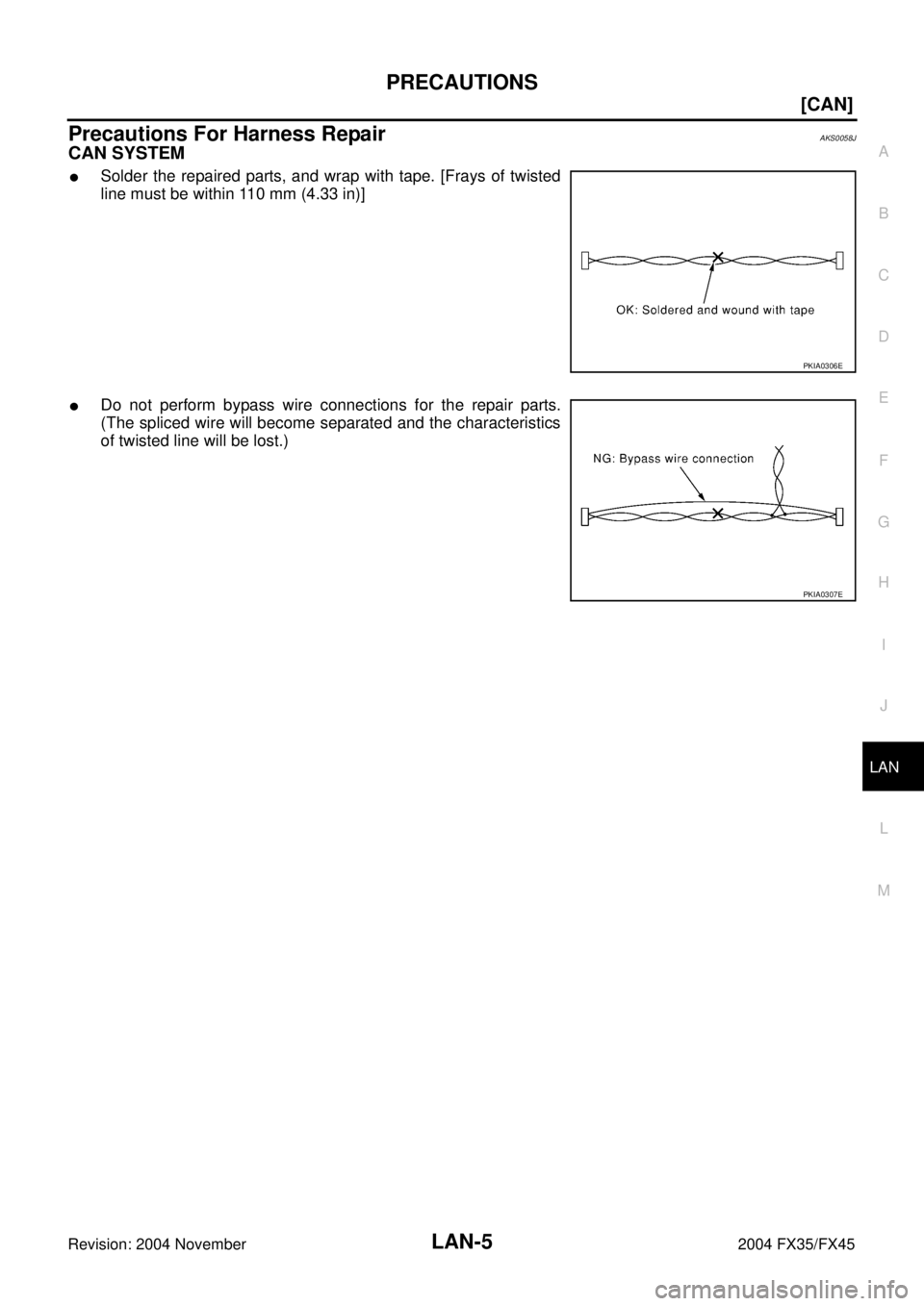 INFINITI FX35 2004  Service Manual PRECAUTIONS
LAN-5
[CAN]
C
D
E
F
G
H
I
J
L
MA
B
LAN
Revision: 2004 November 2004 FX35/FX45
Precautions For Harness RepairAKS0058J
CAN SYSTEM
Solder the repaired parts, and wrap with tape. [Frays of tw