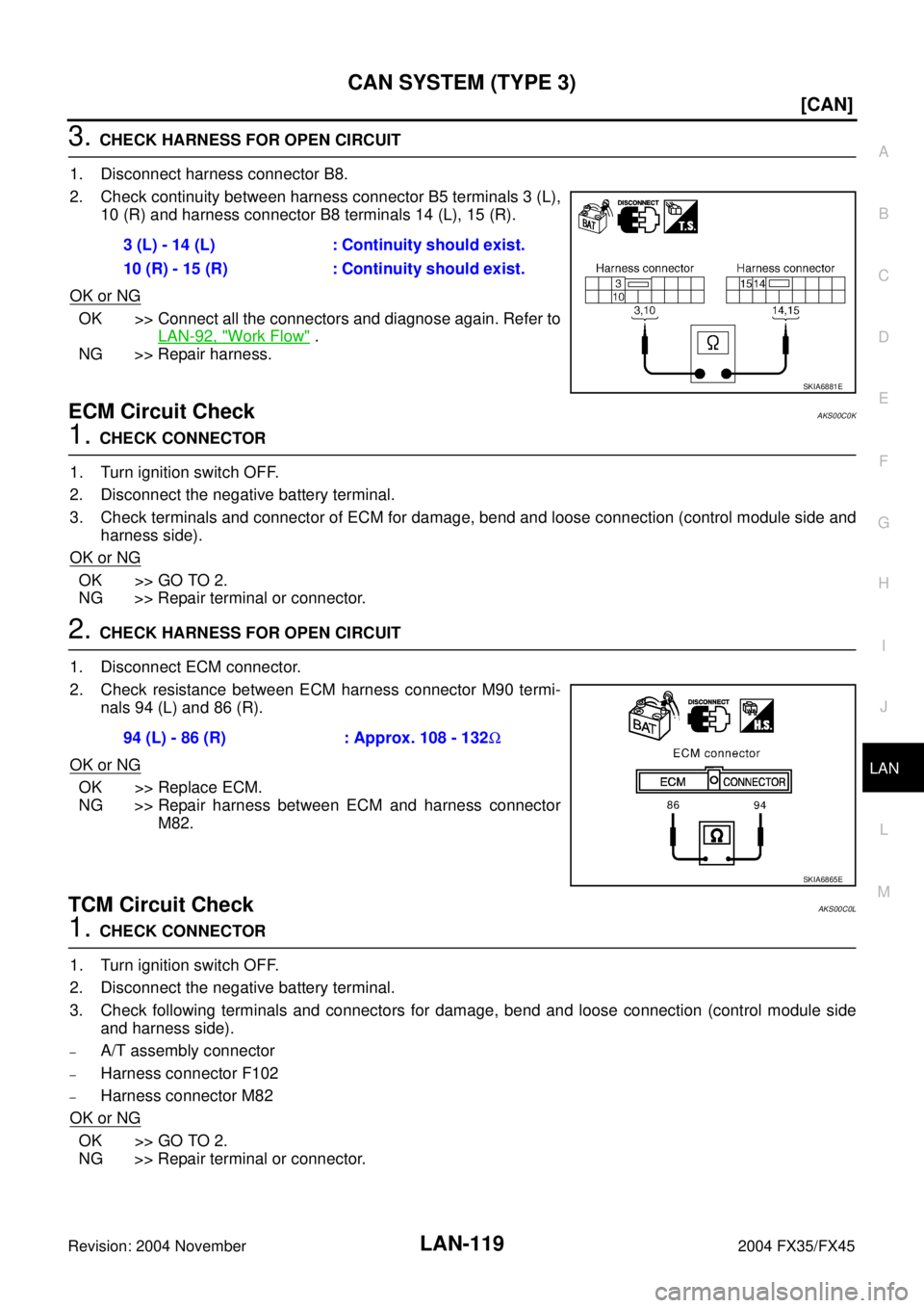 INFINITI FX35 2004  Service Manual CAN SYSTEM (TYPE 3)
LAN-119
[CAN]
C
D
E
F
G
H
I
J
L
MA
B
LAN
Revision: 2004 November 2004 FX35/FX45
3. CHECK HARNESS FOR OPEN CIRCUIT
1. Disconnect harness connector B8.
2. Check continuity between ha