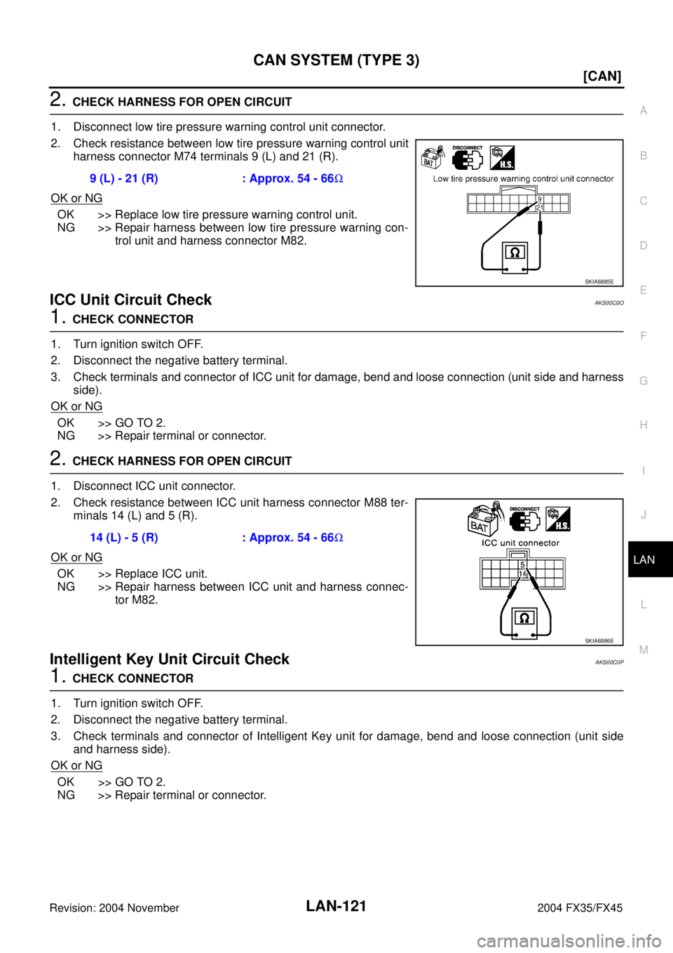 INFINITI FX35 2004  Service Manual CAN SYSTEM (TYPE 3)
LAN-121
[CAN]
C
D
E
F
G
H
I
J
L
MA
B
LAN
Revision: 2004 November 2004 FX35/FX45
2. CHECK HARNESS FOR OPEN CIRCUIT
1. Disconnect low tire pressure warning control unit connector.
2.