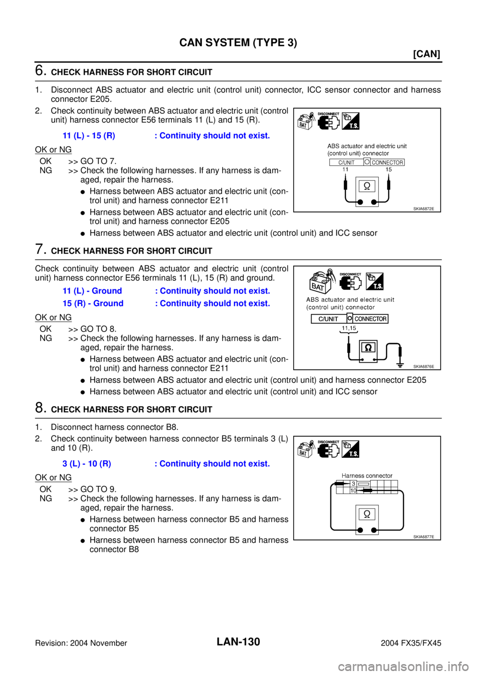 INFINITI FX35 2004  Service Manual LAN-130
[CAN]
CAN SYSTEM (TYPE 3)
Revision: 2004 November 2004 FX35/FX45
6. CHECK HARNESS FOR SHORT CIRCUIT
1. Disconnect ABS actuator and electric unit (control unit) connector, ICC sensor connector 