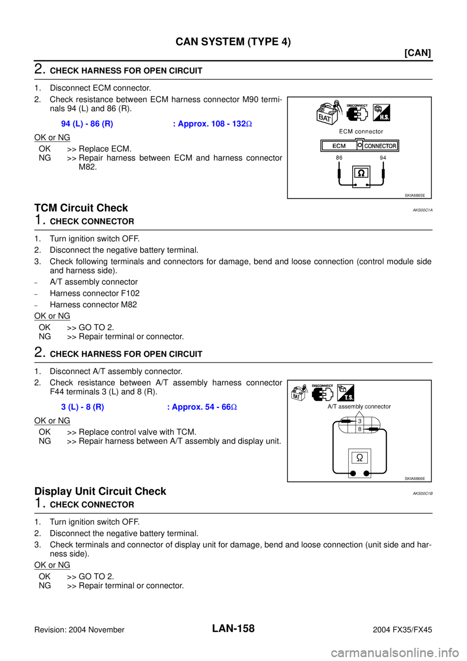 INFINITI FX35 2004  Service Manual LAN-158
[CAN]
CAN SYSTEM (TYPE 4)
Revision: 2004 November 2004 FX35/FX45
2. CHECK HARNESS FOR OPEN CIRCUIT
1. Disconnect ECM connector.
2. Check resistance between ECM harness connector M90 termi-
nal