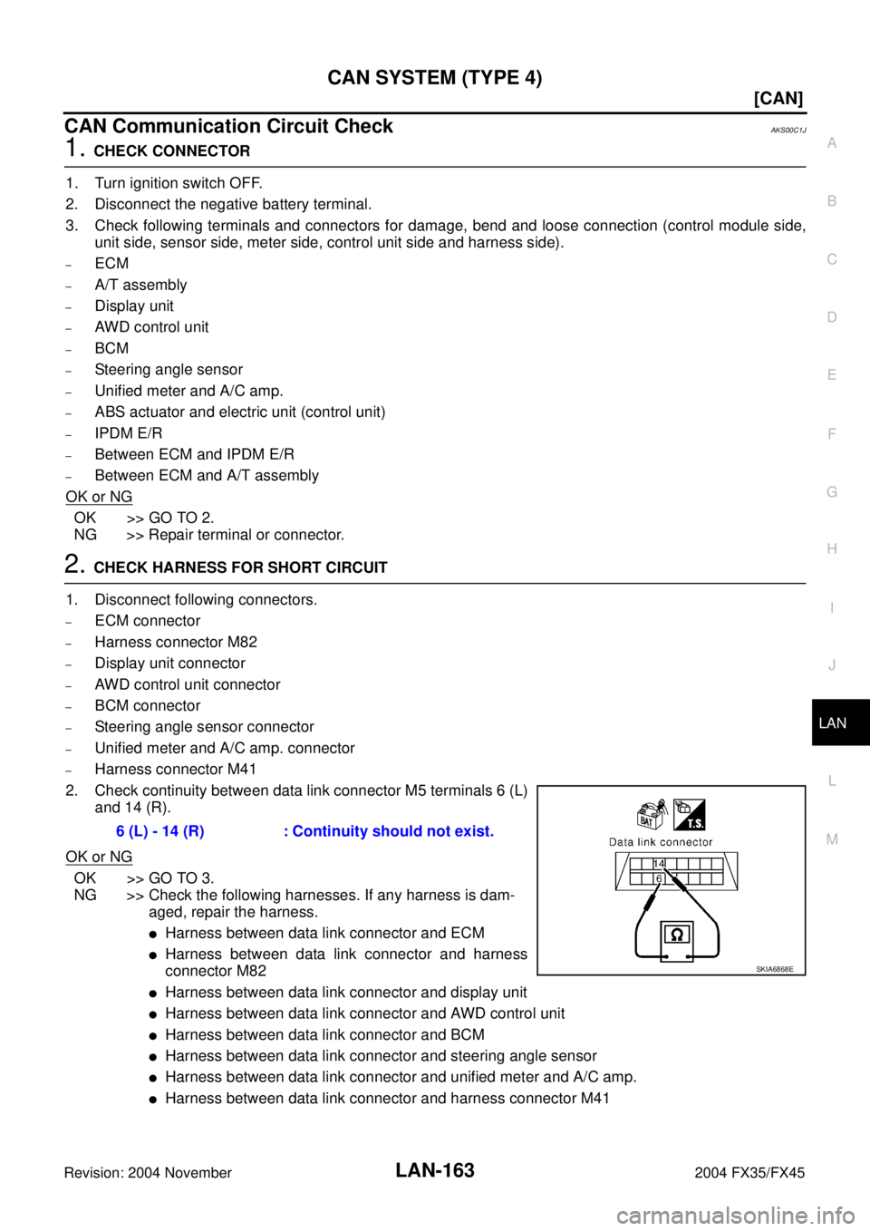 INFINITI FX35 2004  Service Manual CAN SYSTEM (TYPE 4)
LAN-163
[CAN]
C
D
E
F
G
H
I
J
L
MA
B
LAN
Revision: 2004 November 2004 FX35/FX45
CAN Communication Circuit CheckAKS00C1J
1. CHECK CONNECTOR
1. Turn ignition switch OFF.
2. Disconnec
