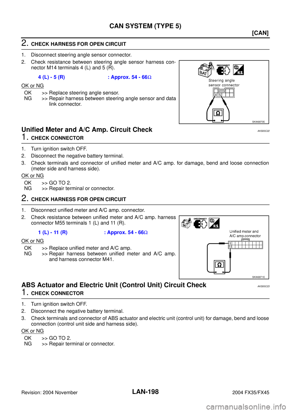 INFINITI FX35 2004  Service Manual LAN-198
[CAN]
CAN SYSTEM (TYPE 5)
Revision: 2004 November 2004 FX35/FX45
2. CHECK HARNESS FOR OPEN CIRCUIT
1. Disconnect steering angle sensor connector.
2. Check resistance between steering angle sen