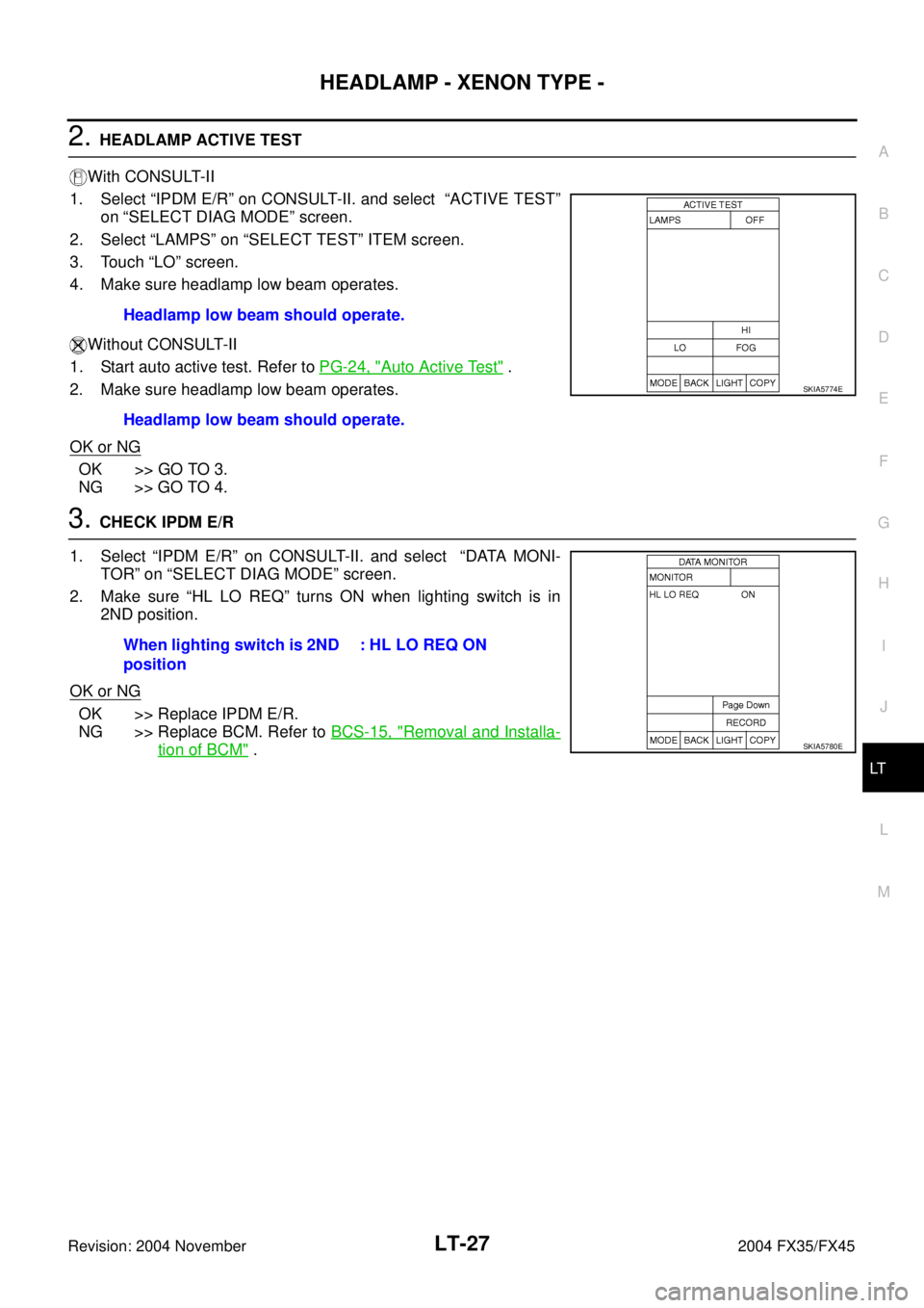 INFINITI FX35 2004  Service Manual HEADLAMP - XENON TYPE -
LT-27
C
D
E
F
G
H
I
J
L
MA
B
LT
Revision: 2004 November 2004 FX35/FX45
2. HEADLAMP ACTIVE TEST
With CONSULT-II
1. Select “IPDM E/R” on CONSULT-II. and select  “ACTIVE TES