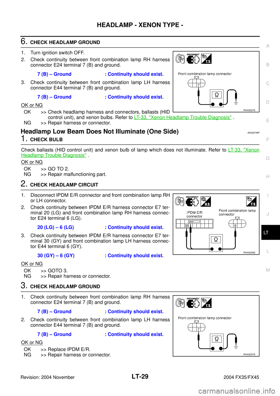 INFINITI FX35 2004 Service Manual HEADLAMP - XENON TYPE -
LT-29
C
D
E
F
G
H
I
J
L
MA
B
LT
Revision: 2004 November 2004 FX35/FX45
6. CHECK HEADLAMP GROUND
1. Turn ignition switch OFF.
2. Check continuity between front combination lamp INFINITI FX35 2004 Service Manual HEADLAMP - XENON TYPE -
LT-29
C
D
E
F
G
H
I
J
L
MA
B
LT
Revision: 2004 November 2004 FX35/FX45
6. CHECK HEADLAMP GROUND
1. Turn ignition switch OFF.
2. Check continuity between front combination lamp