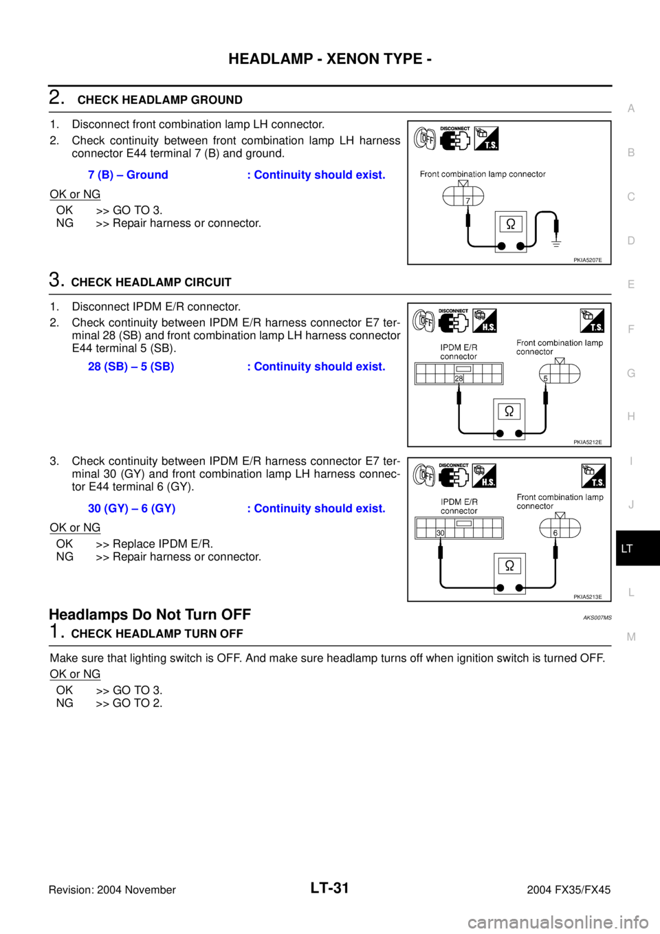 INFINITI FX35 2004 Service Manual HEADLAMP - XENON TYPE -
LT-31
C
D
E
F
G
H
I
J
L
MA
B
LT
Revision: 2004 November 2004 FX35/FX45
2. CHECK HEADLAMP GROUND
1. Disconnect front combination lamp LH connector.
2. Check continuity betwee INFINITI FX35 2004 Service Manual HEADLAMP - XENON TYPE -
LT-31
C
D
E
F
G
H
I
J
L
MA
B
LT
Revision: 2004 November 2004 FX35/FX45
2. CHECK HEADLAMP GROUND
1. Disconnect front combination lamp LH connector.
2. Check continuity betwee