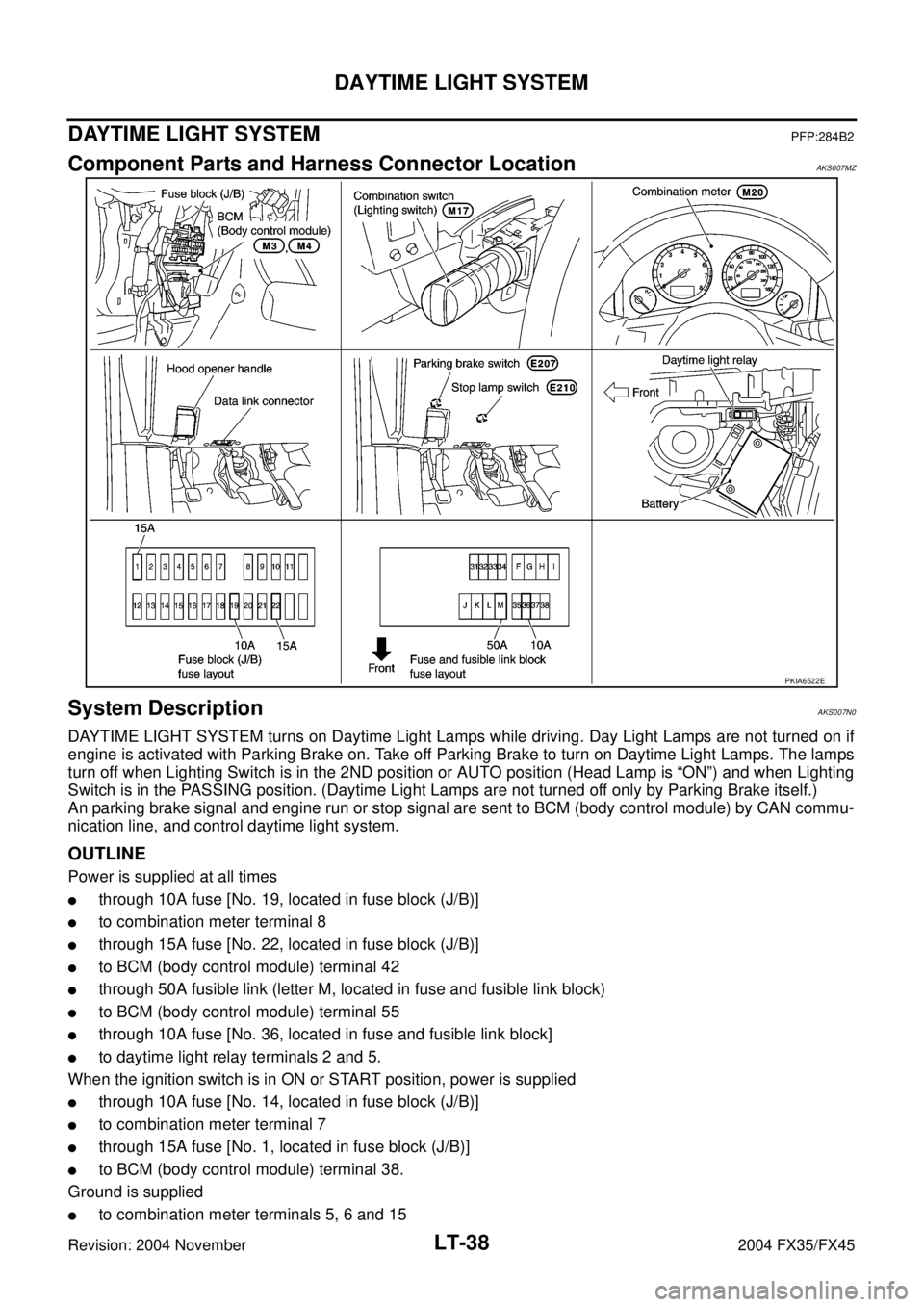 INFINITI FX35 2004  Service Manual LT-38
DAYTIME LIGHT SYSTEM
Revision: 2004 November 2004 FX35/FX45
DAYTIME LIGHT SYSTEMPFP:284B2
Component Parts and Harness Connector LocationAKS007MZ
System DescriptionAKS007N0
DAYTIME LIGHT SYSTEM t