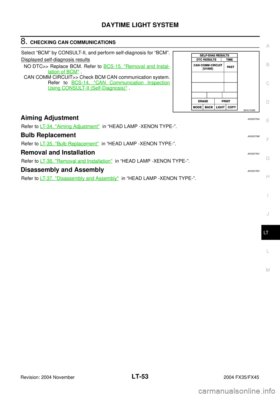 INFINITI FX35 2004  Service Manual DAYTIME LIGHT SYSTEM
LT-53
C
D
E
F
G
H
I
J
L
MA
B
LT
Revision: 2004 November 2004 FX35/FX45
8. CHECKING CAN COMMUNICATIONS 
Select “BCM” by CONSULT-II, and perform self-diagnosis for “BCM”.
Di