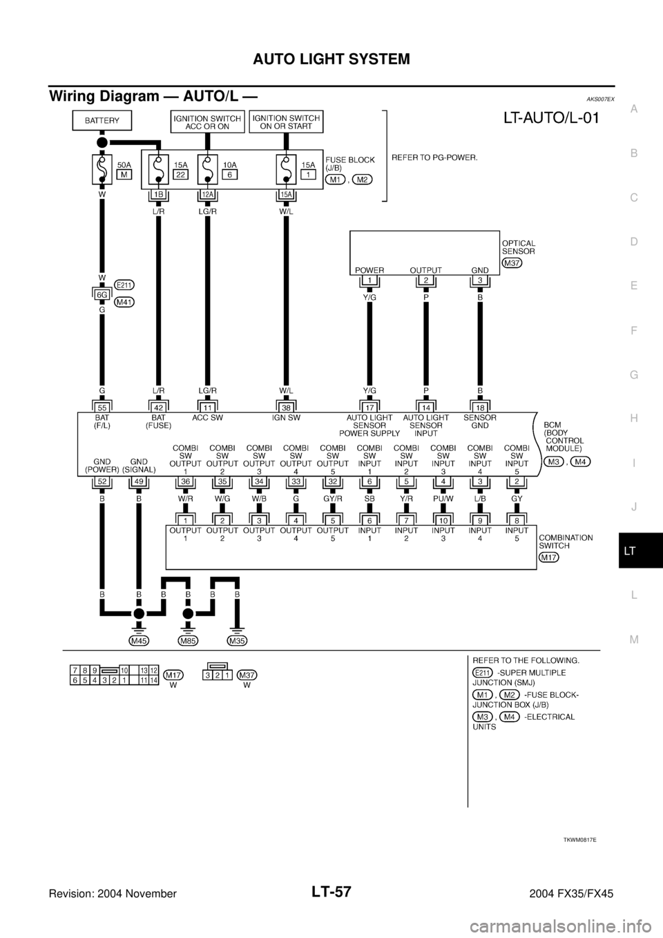 INFINITI FX35 2004  Service Manual AUTO LIGHT SYSTEM
LT-57
C
D
E
F
G
H
I
J
L
MA
B
LT
Revision: 2004 November 2004 FX35/FX45
Wiring Diagram — AUTO/L —AKS007EX
TKWM0817E 