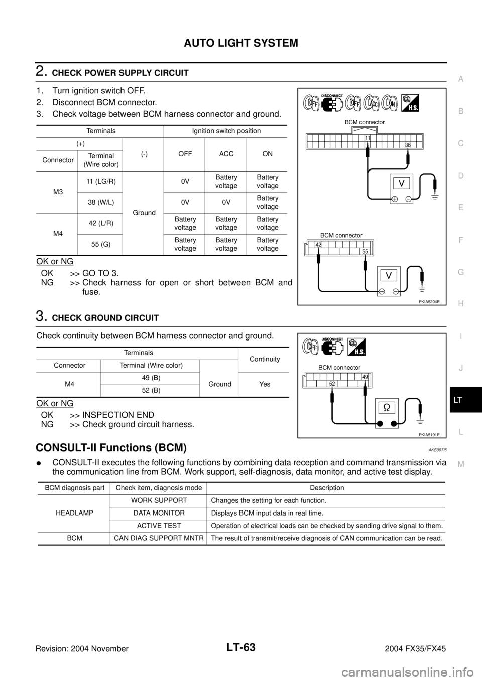 INFINITI FX35 2004  Service Manual AUTO LIGHT SYSTEM
LT-63
C
D
E
F
G
H
I
J
L
MA
B
LT
Revision: 2004 November 2004 FX35/FX45
2. CHECK POWER SUPPLY CIRCUIT 
1. Turn ignition switch OFF.
2. Disconnect BCM connector.
3. Check voltage betwe
