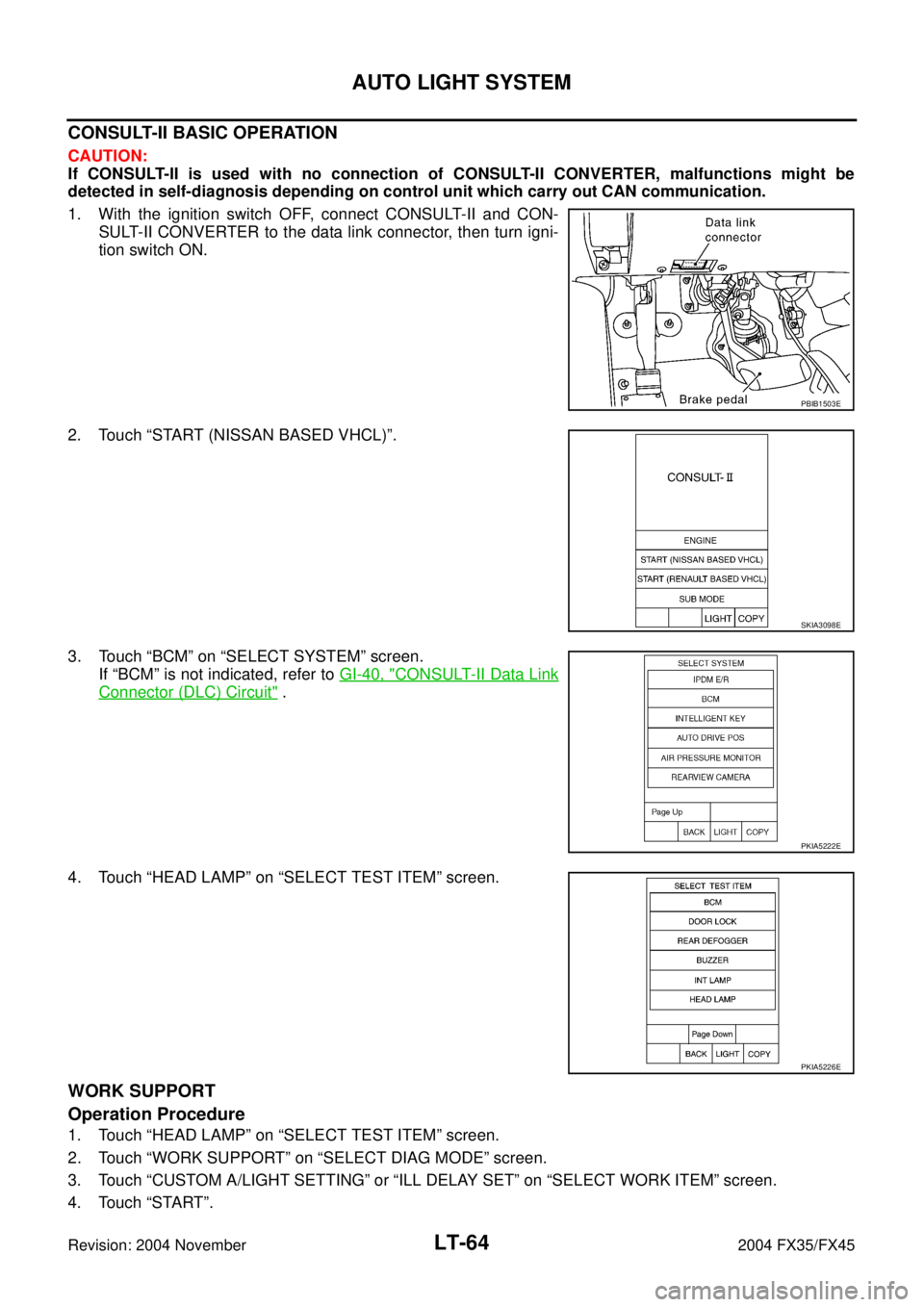 INFINITI FX35 2004  Service Manual LT-64
AUTO LIGHT SYSTEM
Revision: 2004 November 2004 FX35/FX45
CONSULT-II BASIC OPERATION
CAUTION:
If CONSULT-II is used with no connection of CONSULT-II CONVERTER, malfunctions might be
detected in s