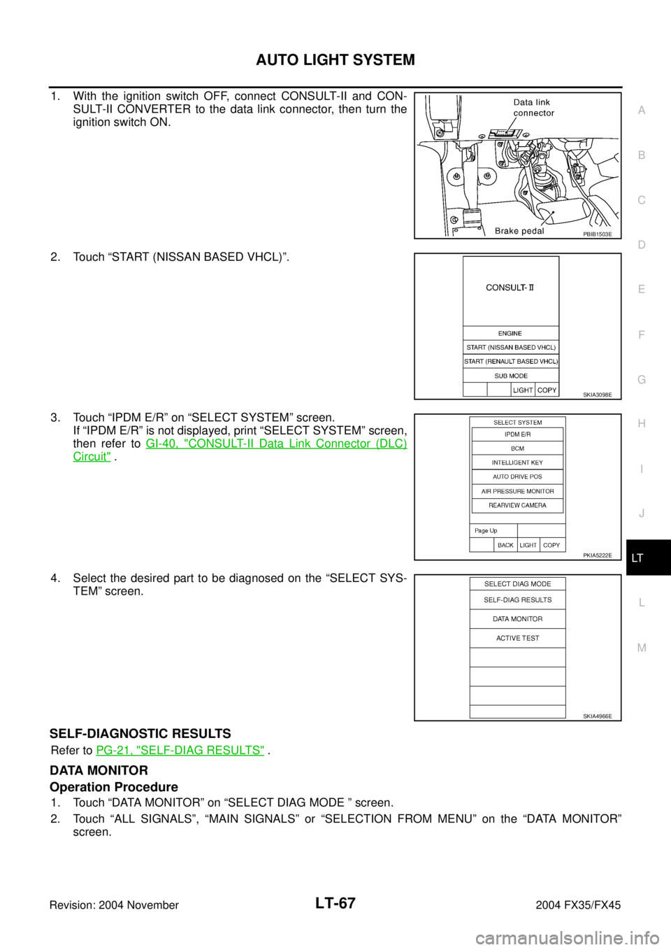 INFINITI FX35 2004  Service Manual AUTO LIGHT SYSTEM
LT-67
C
D
E
F
G
H
I
J
L
MA
B
LT
Revision: 2004 November 2004 FX35/FX45
1. With the ignition switch OFF, connect CONSULT-II and CON-
SULT-II CONVERTER to the data link connector, then