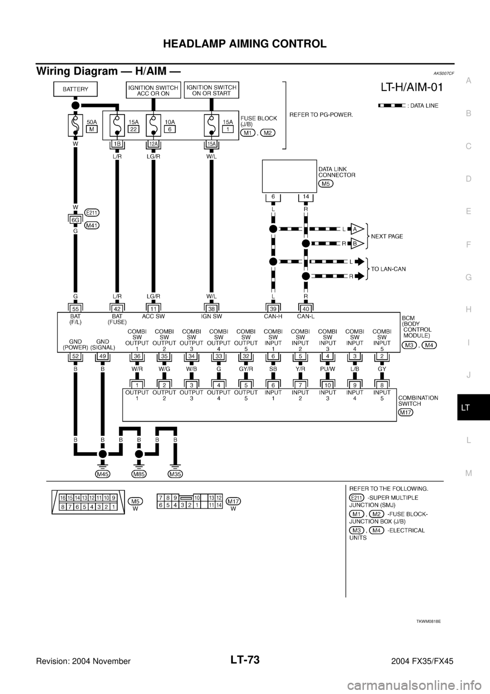 INFINITI FX35 2004  Service Manual HEADLAMP AIMING CONTROL
LT-73
C
D
E
F
G
H
I
J
L
MA
B
LT
Revision: 2004 November 2004 FX35/FX45
Wiring Diagram — H/AIM —AKS007CF
TKWM0818E 