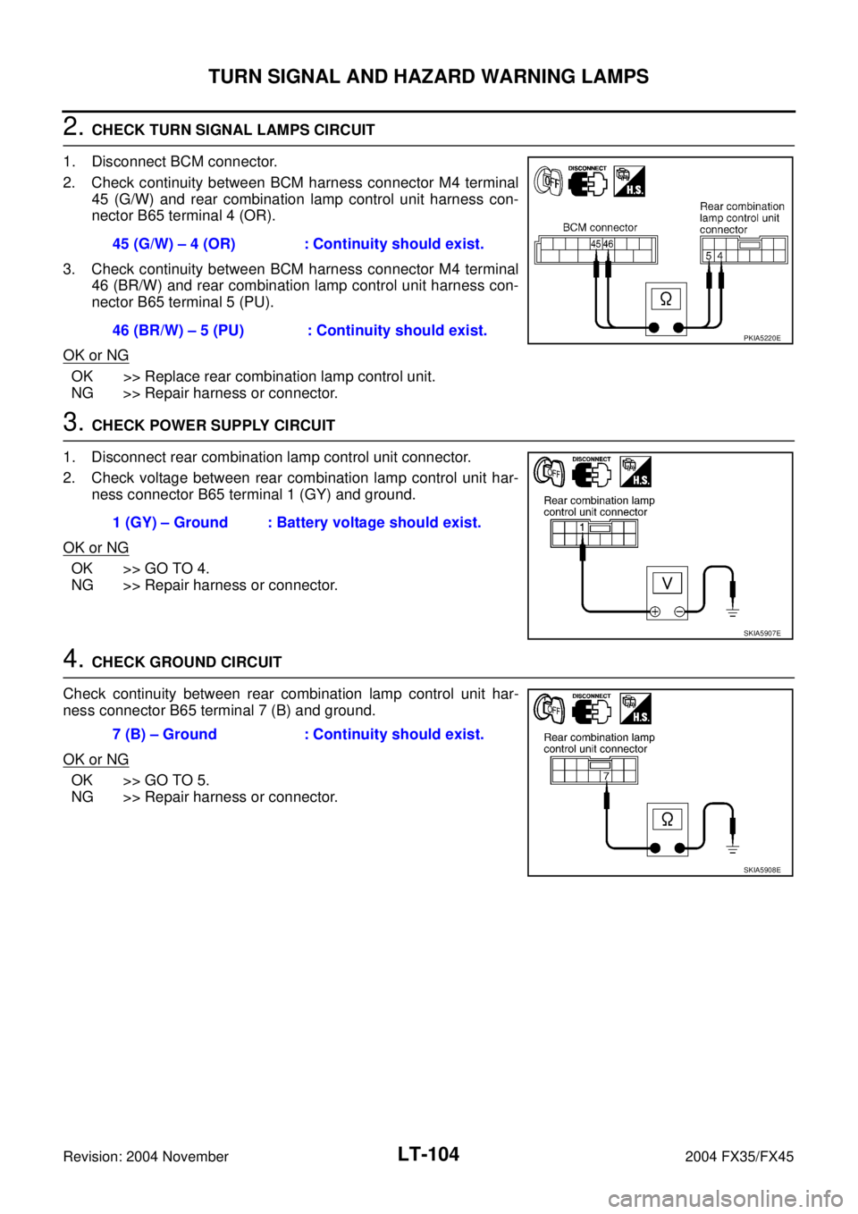 INFINITI FX35 2004  Service Manual LT-104
TURN SIGNAL AND HAZARD WARNING LAMPS
Revision: 2004 November 2004 FX35/FX45
2. CHECK TURN SIGNAL LAMPS CIRCUIT
1. Disconnect BCM connector.
2. Check continuity between BCM harness connector M4 