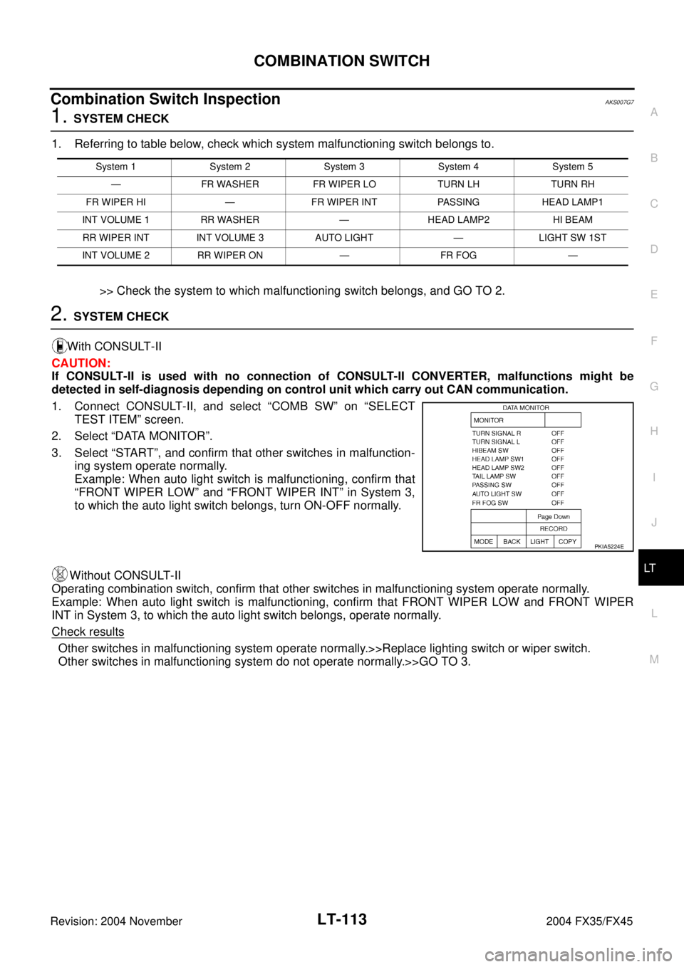 INFINITI FX35 2004 Service Manual COMBINATION SWITCH
LT-113
C
D
E
F
G
H
I
J
L
MA
B
LT
Revision: 2004 November 2004 FX35/FX45
Combination Switch InspectionAKS007G7
1. SYSTEM CHECK
1. Referring to table below, check which system malfunc INFINITI FX35 2004 Service Manual COMBINATION SWITCH
LT-113
C
D
E
F
G
H
I
J
L
MA
B
LT
Revision: 2004 November 2004 FX35/FX45
Combination Switch InspectionAKS007G7
1. SYSTEM CHECK
1. Referring to table below, check which system malfunc
