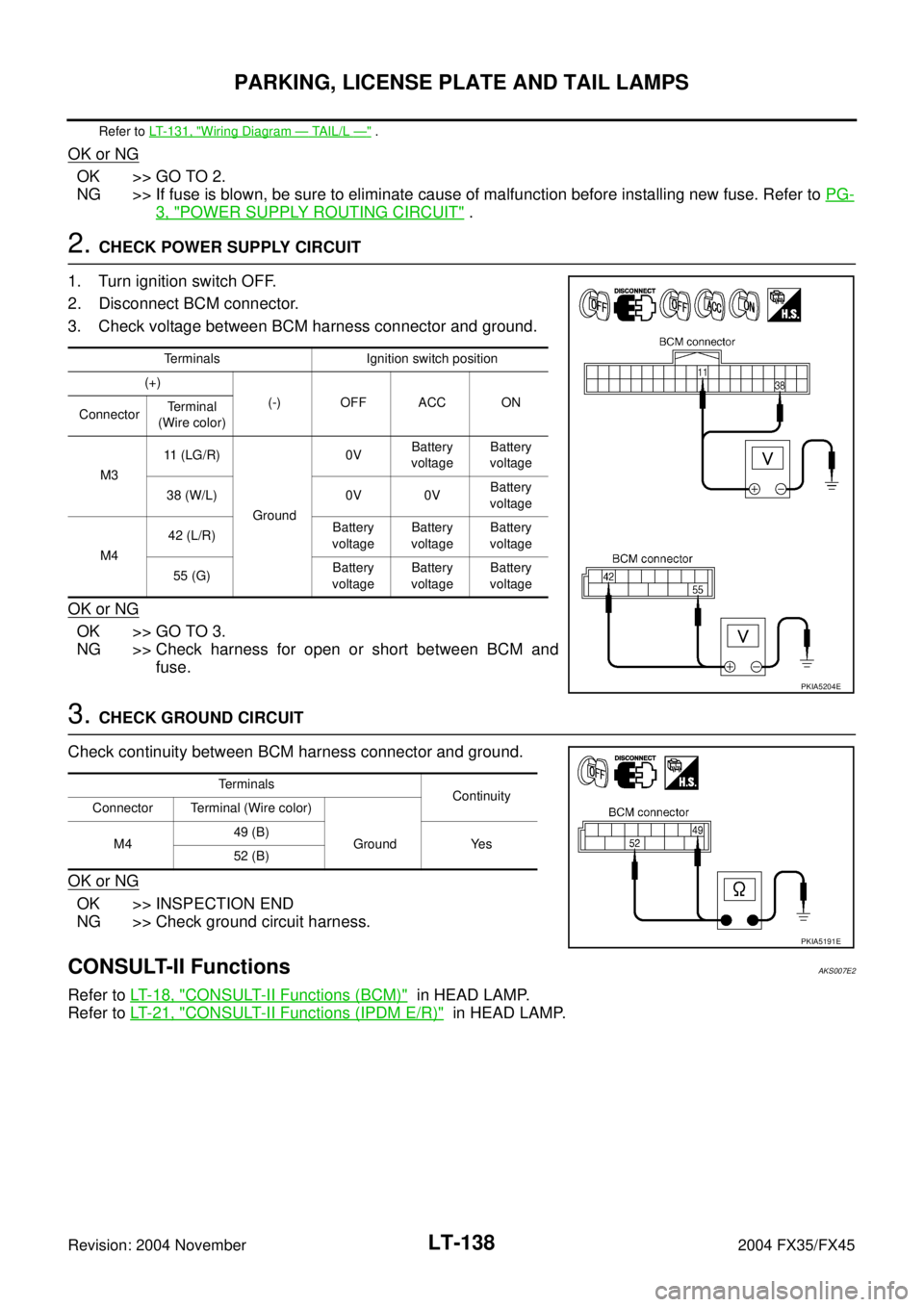 INFINITI FX35 2004 Service Manual LT-138
PARKING, LICENSE PLATE AND TAIL LAMPS
Revision: 2004 November 2004 FX35/FX45
Refer to LT- 1 3 1 , "Wiring Diagram — TAIL/L —" .
OK or NG
OK >> GO TO 2.
NG >> If fuse is blown, be sure to e INFINITI FX35 2004 Service Manual LT-138
PARKING, LICENSE PLATE AND TAIL LAMPS
Revision: 2004 November 2004 FX35/FX45
Refer to LT- 1 3 1 , "Wiring Diagram — TAIL/L —" .
OK or NG
OK >> GO TO 2.
NG >> If fuse is blown, be sure to e