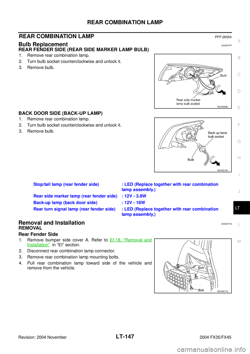 INFINITI FX35 2004  Service Manual REAR COMBINATION LAMP
LT-147
C
D
E
F
G
H
I
J
L
MA
B
LT
Revision: 2004 November 2004 FX35/FX45
REAR COMBINATION LAMPPFP:26554
Bulb ReplacementAKS007FP
REAR FENDER SIDE (REAR SIDE MARKER LAMP BULB)
1. R