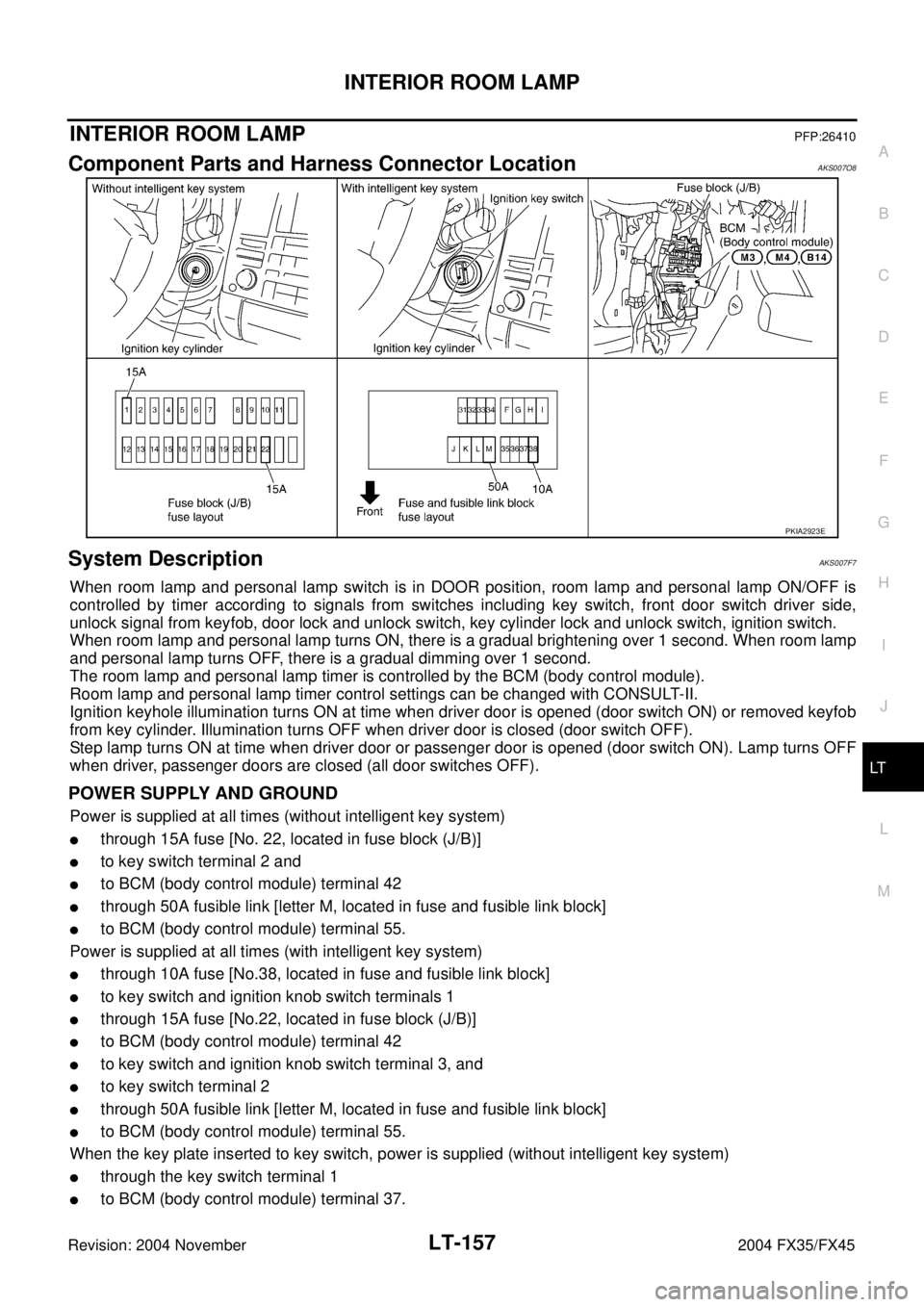 INFINITI FX35 2004  Service Manual INTERIOR ROOM LAMP
LT-157
C
D
E
F
G
H
I
J
L
MA
B
LT
Revision: 2004 November 2004 FX35/FX45
INTERIOR ROOM LAMPPFP:26410
Component Parts and Harness Connector LocationAKS007O8
System DescriptionAKS007F7