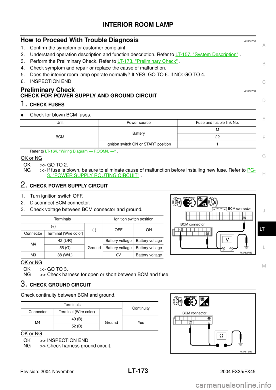 INFINITI FX35 2004 Service Manual INTERIOR ROOM LAMP
LT-173
C
D
E
F
G
H
I
J
L
MA
B
LT
Revision: 2004 November 2004 FX35/FX45
How to Proceed With Trouble DiagnosisAKS007FC
1. Confirm the symptom or customer complaint.
2. Understand ope INFINITI FX35 2004 Service Manual INTERIOR ROOM LAMP
LT-173
C
D
E
F
G
H
I
J
L
MA
B
LT
Revision: 2004 November 2004 FX35/FX45
How to Proceed With Trouble DiagnosisAKS007FC
1. Confirm the symptom or customer complaint.
2. Understand ope